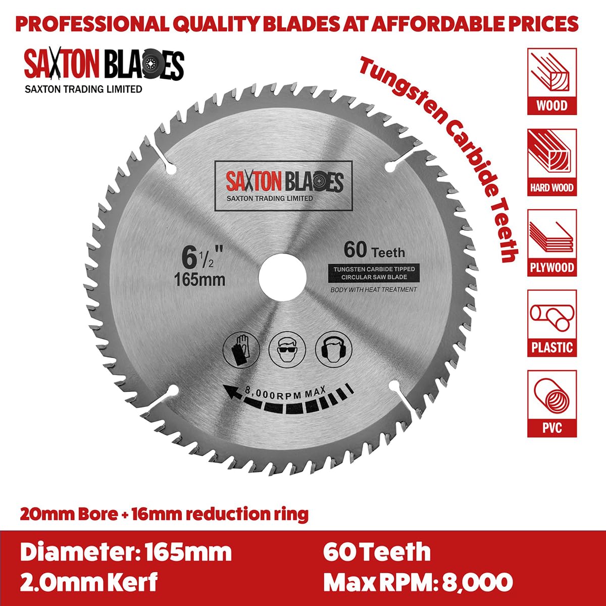 TCT165MXDSK Saxton TCT Circular Lama per legnos 165mm x 20mm (16mm anello) - Confezione D compatibile con Bosch Makita Dewalt etc