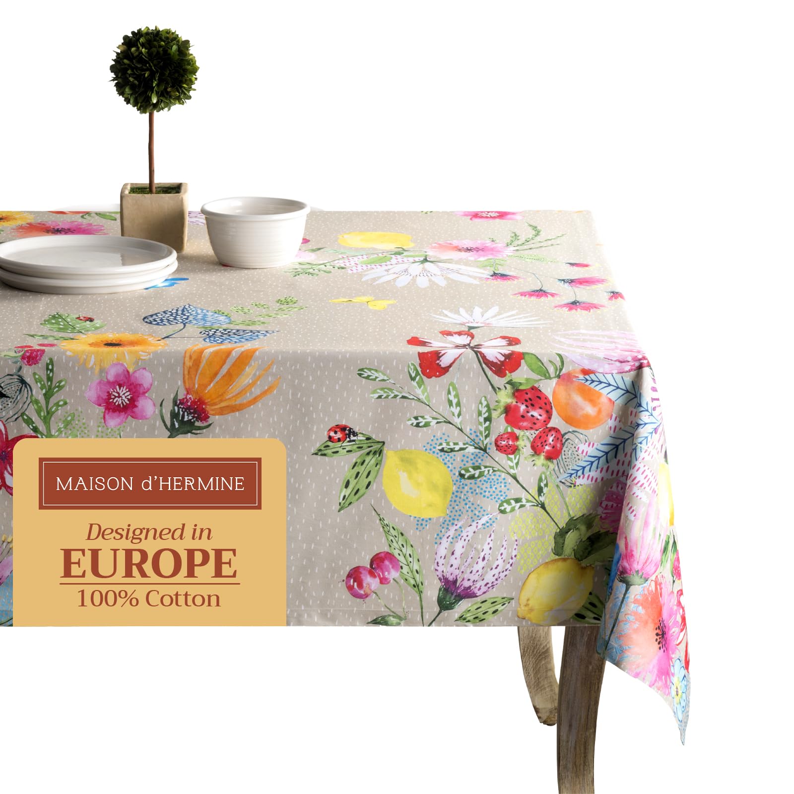 Maison d' Hermine Table Cloth Rectangle Table 100% Cotton 230 cm x 140 cm Tablecloth Reusable Everyday Use for Dining Farmhouse Home Party Festive Hotel Kitchen Spring Summer (Jardin D'Ete - Fog)