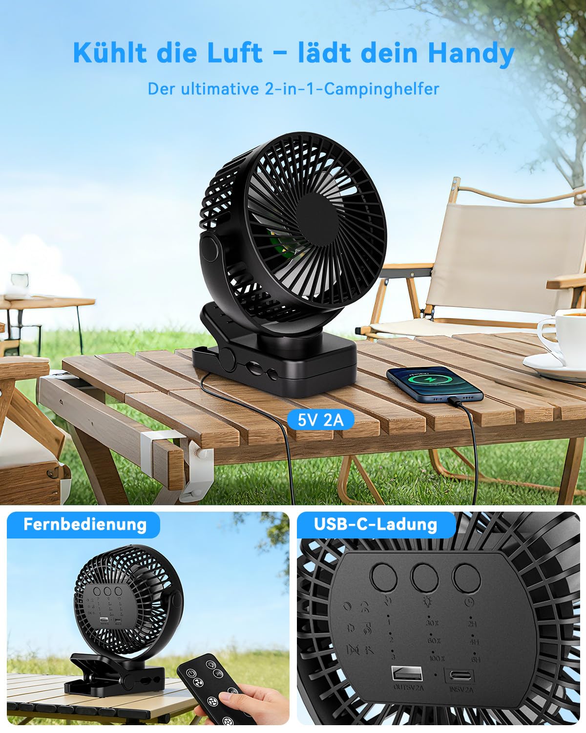 USB Tischventilator Leise mit 12000mAh Akku, Clip Camping Ventilator mit Fernbedienung, Mini Akku Ventilator mit Licht & Timer, 360° Drehbar, 3 Windstufen, Max 44Std Laufzeit für Camping
