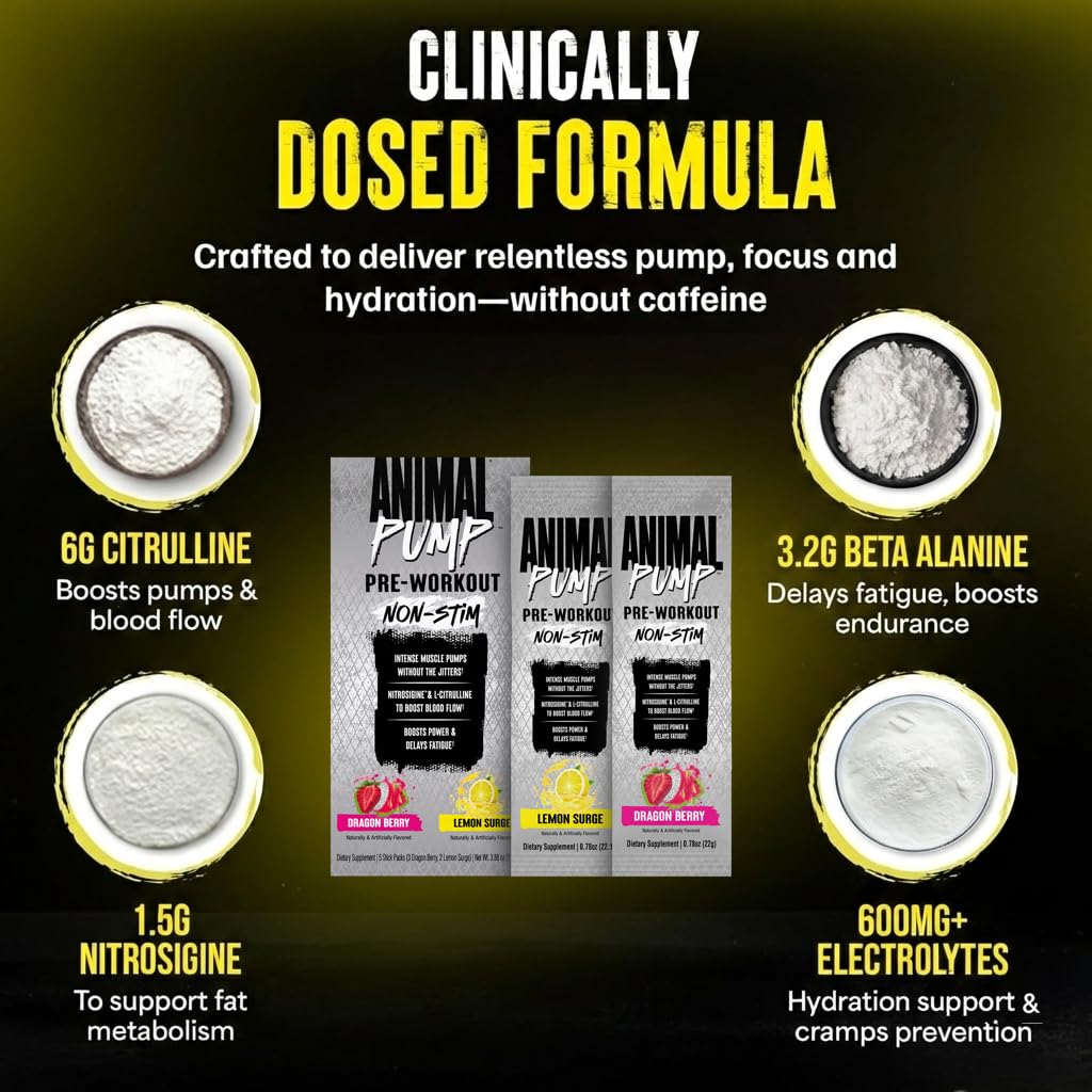 Animal Pump NS Stim-Free Pre-Workout – 6g L-Citrulline + 1.5g Nitrosigine, Beta-Alanine & Electrolytes for Endurance, Caffeine-Free Focus – Dragon Berry (3) Lemon Surge (2), 5 Stick Packs — Amazon image 5