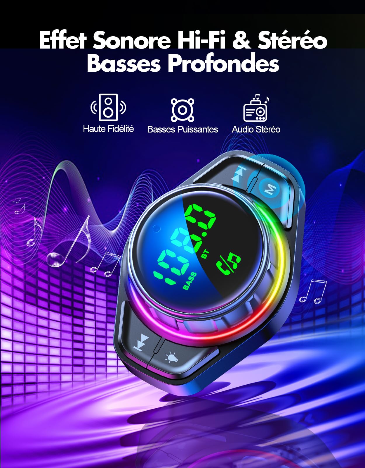 ISEYOU Transmetteur FM Bluetooth 5.3, 【Basse & HiFi Musique】 Adaptateur Bluetooth Voiture, 【30W PD & 18W QC】 Allume Cigare Chargeur Rapide, Appels Mains Libres, Anneau Lumineux Coloré RGB