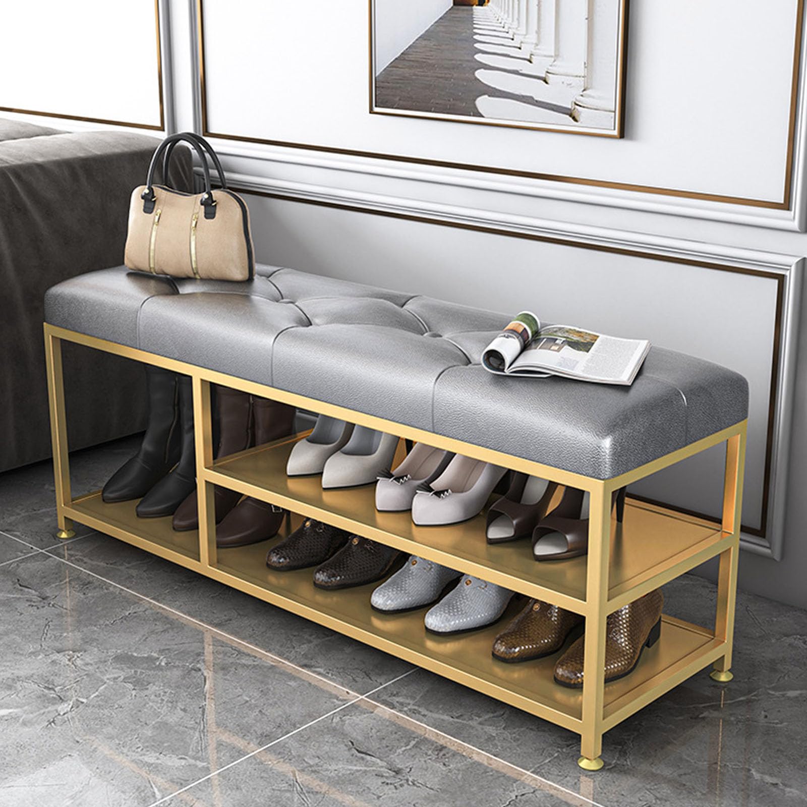 Banc de rangement à chaussures en métal avec coussin rembourré et étagère réglable