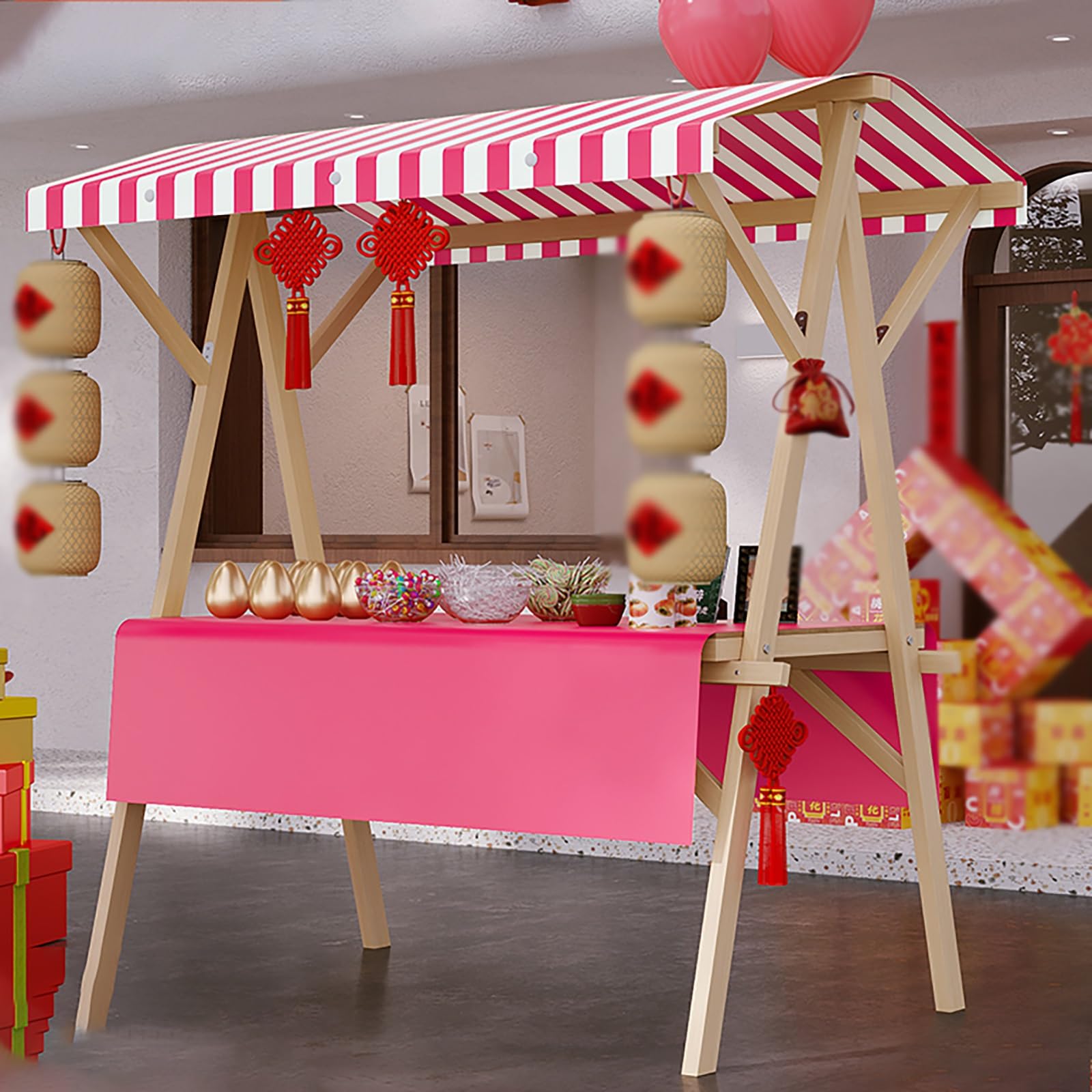 Commercial Vendor Cart with Wheels & Awning, Foldable Food Display Cart for Events/Farmers Market/Street/Beach, Heavy Duty Wooden Retail Booth Kiosk(Pink,L 120cm)