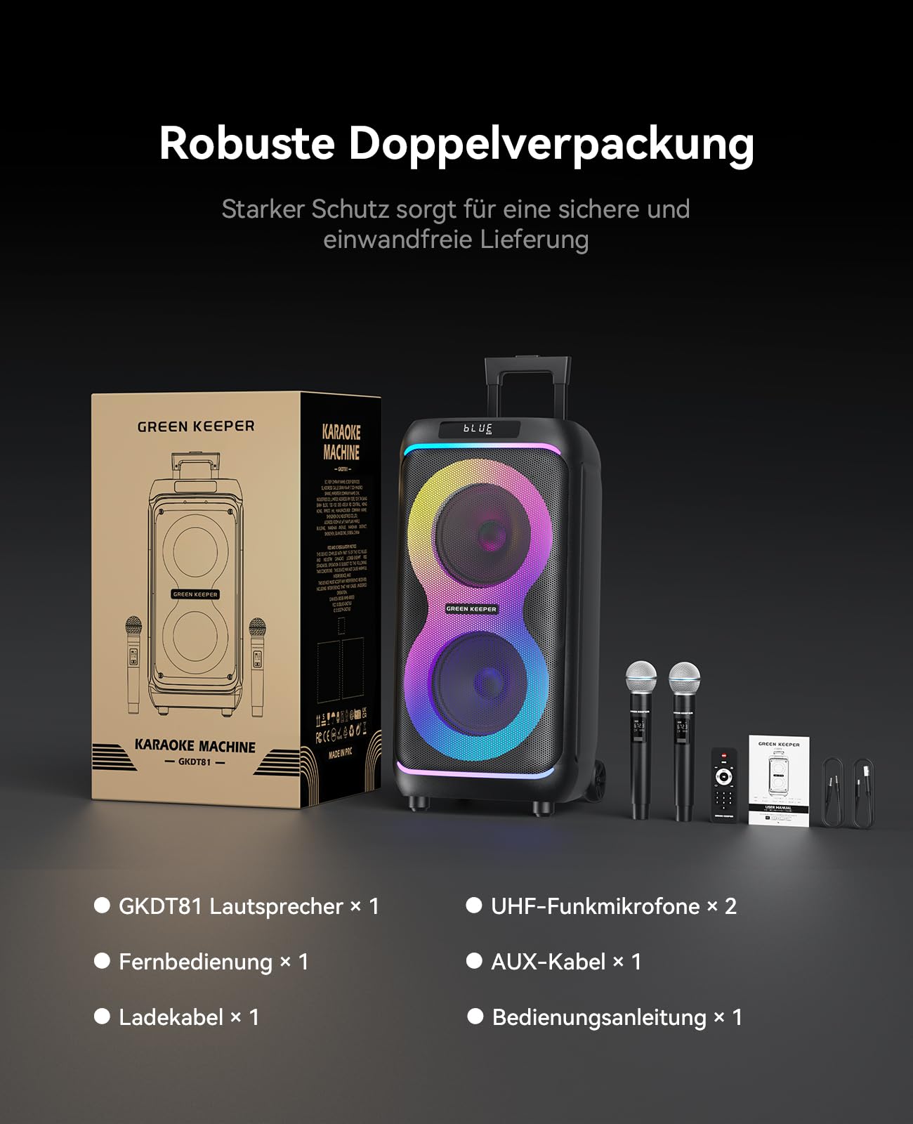 GKDT81 Karaoke-Maschine Mit 2 Mikrofonen, 800 W Spitzenleistung, Zwei 8"-Tieftöner. Tragbarer Bluetooth-Lautsprecher Mit Rollen & Teleskopgriff, Starkem Bass Und LED-Beleuchtung. Praktisches PA-System