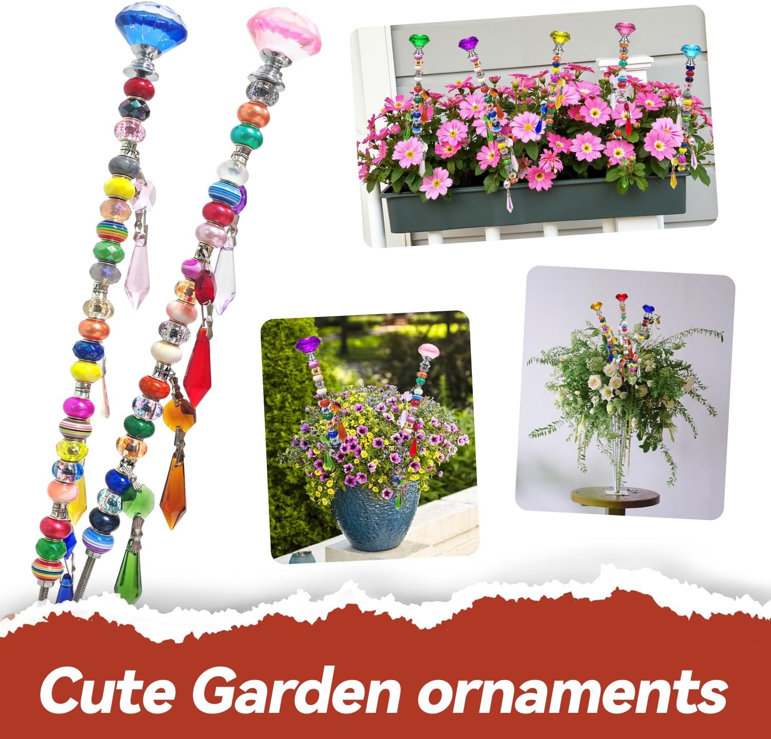 232PCS DIY Fairy Wand Garden Stake Beads Kits Decorative Garden Stakes with 8 Diamond Stopper Tops 200 Colorful Beads 20 Pendants 8 Octagonal Crystal for Indoor Outdoor Plant Flower Pot Décor