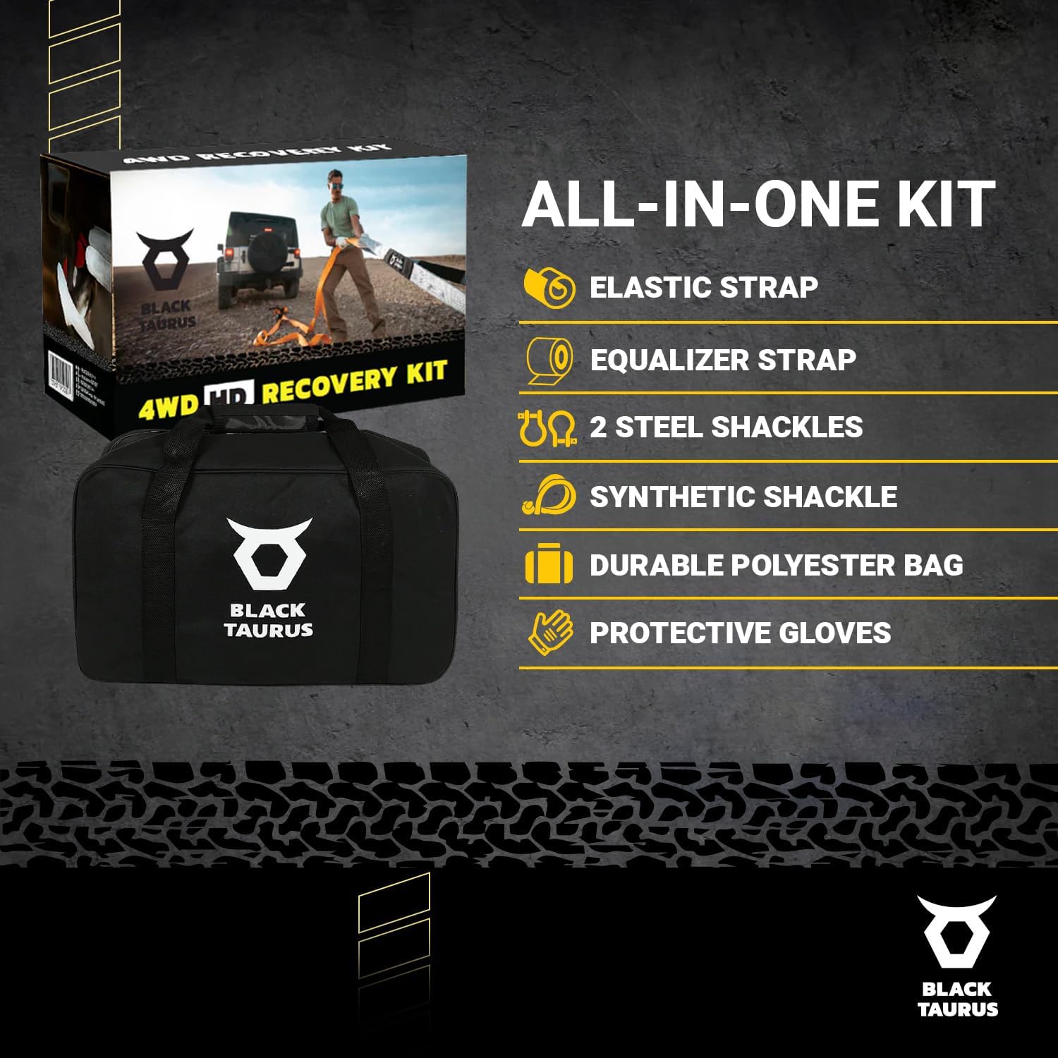 Complete Off-Road Recovery Kit – 2-3/8" 30' HD Snatch Strap (17,600lbs), 10' Equalizer Strap 13,200 lbs, Steel D-Shackles, 30,000-lb HMPE Soft Shackle, Gloves & Storage Bag for 4×4 Rescue