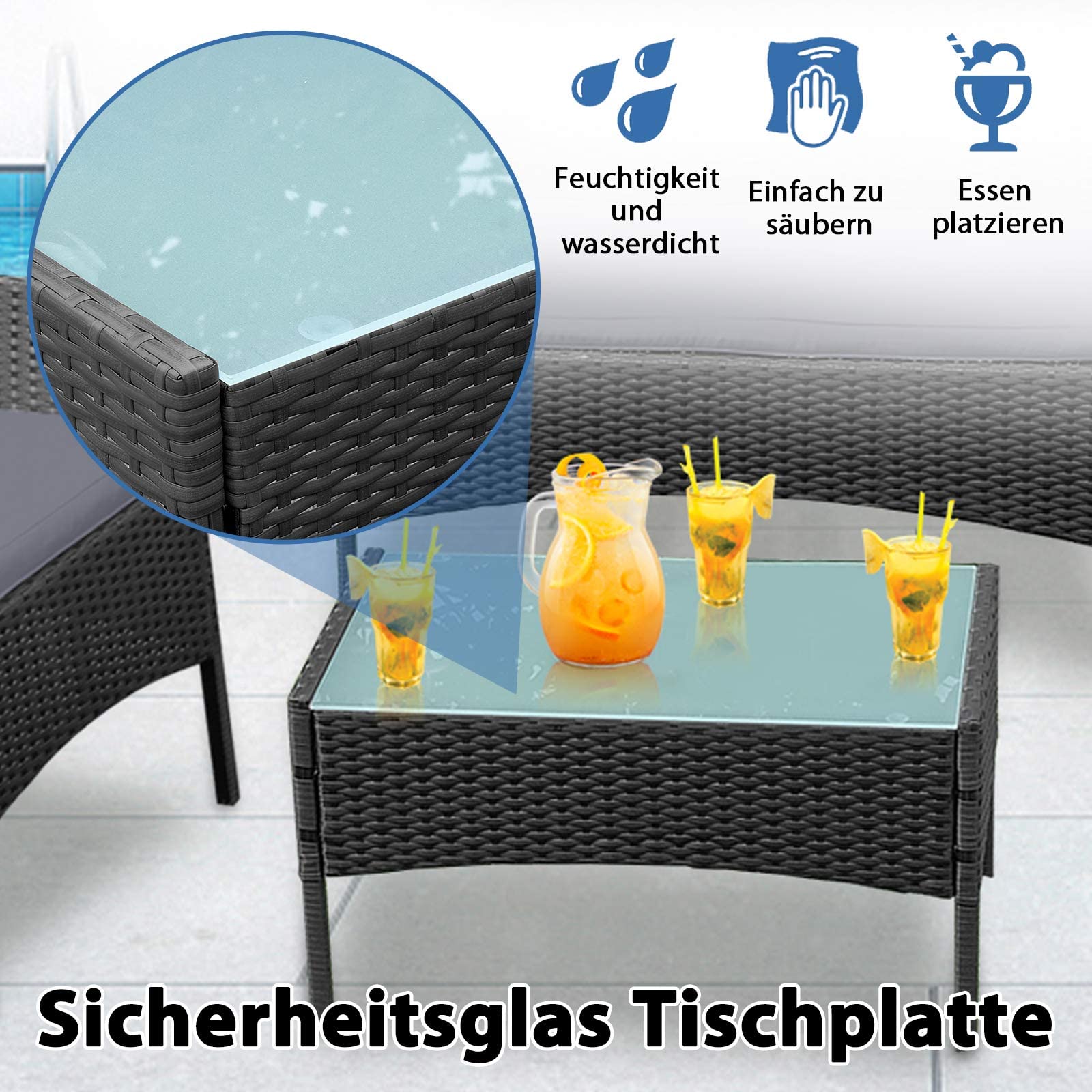 LZQ Gartenmöbel Balkonmöbel-Set Rattan Lounge Polyrattan Tisch MitSofa und 2 Stühlen für Terrasse,Balkon,Garten,Anthrazit