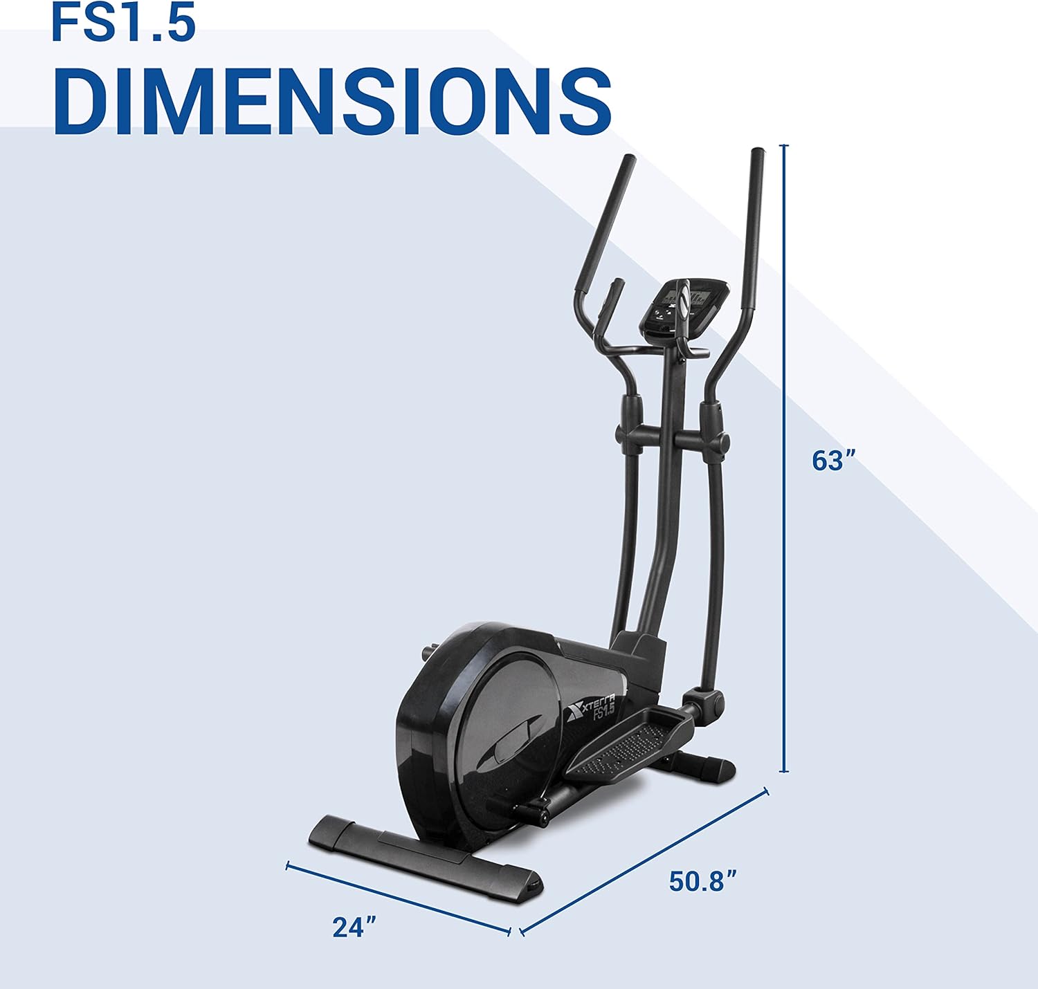 Diagram showing dimensions of the XTERRA FS1.5 Elliptical: 63 inches high, 24 inches wide, 50.8 inches deep