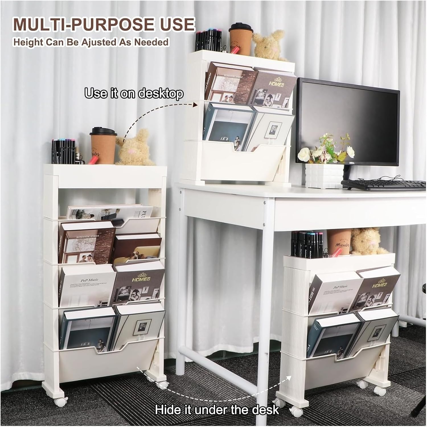 book cartMobile Bookshelf,Mobile Bookshelf with Wheels, Book Shelf with Wheels 5-Tier Movable Bookshelf and Desk Side Cart for Office Dorm Classroom