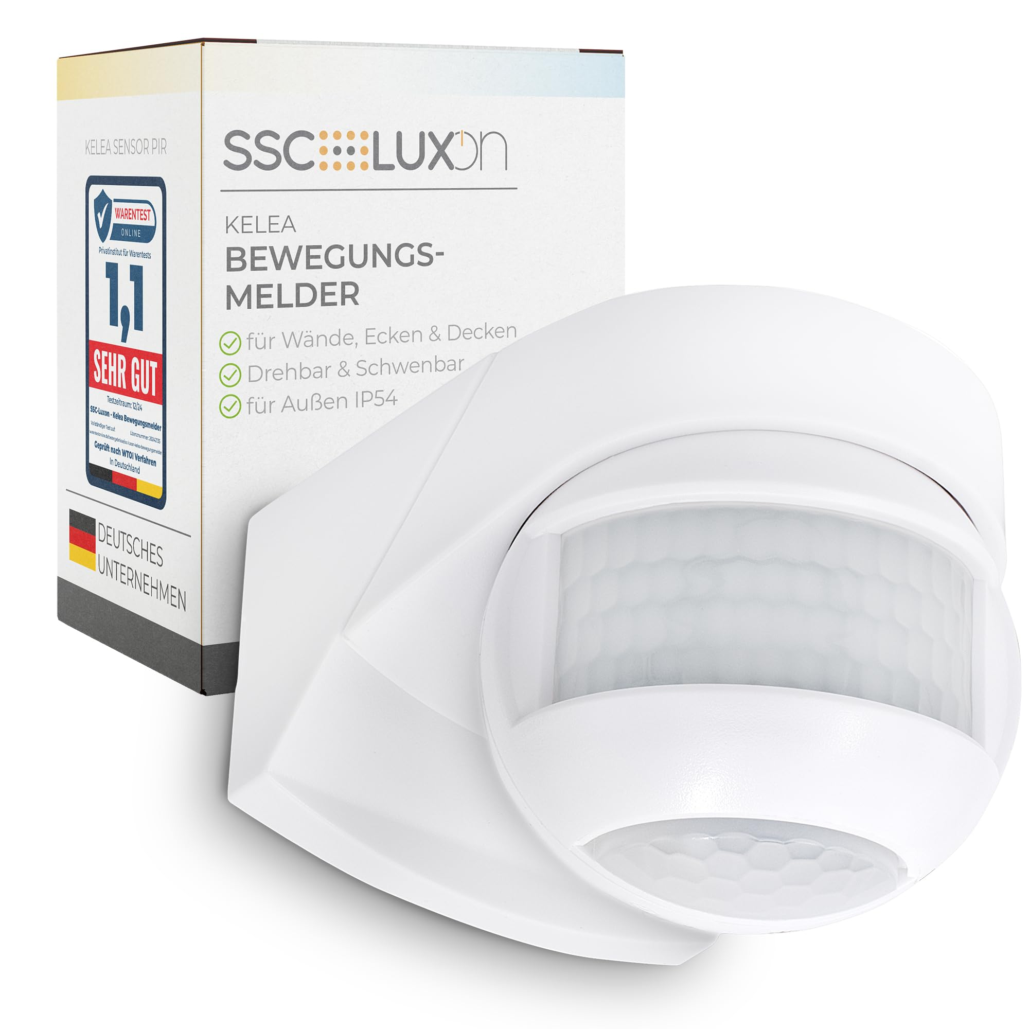 SSC-LUXon KELEA - Rilevatore di movimento bianco per esterni e interni, IP54, per parete, soffitto e angoli, sensore PIR fino a 12 m, angolo di 180° e orientabile a 360°, con sensore crepuscolare