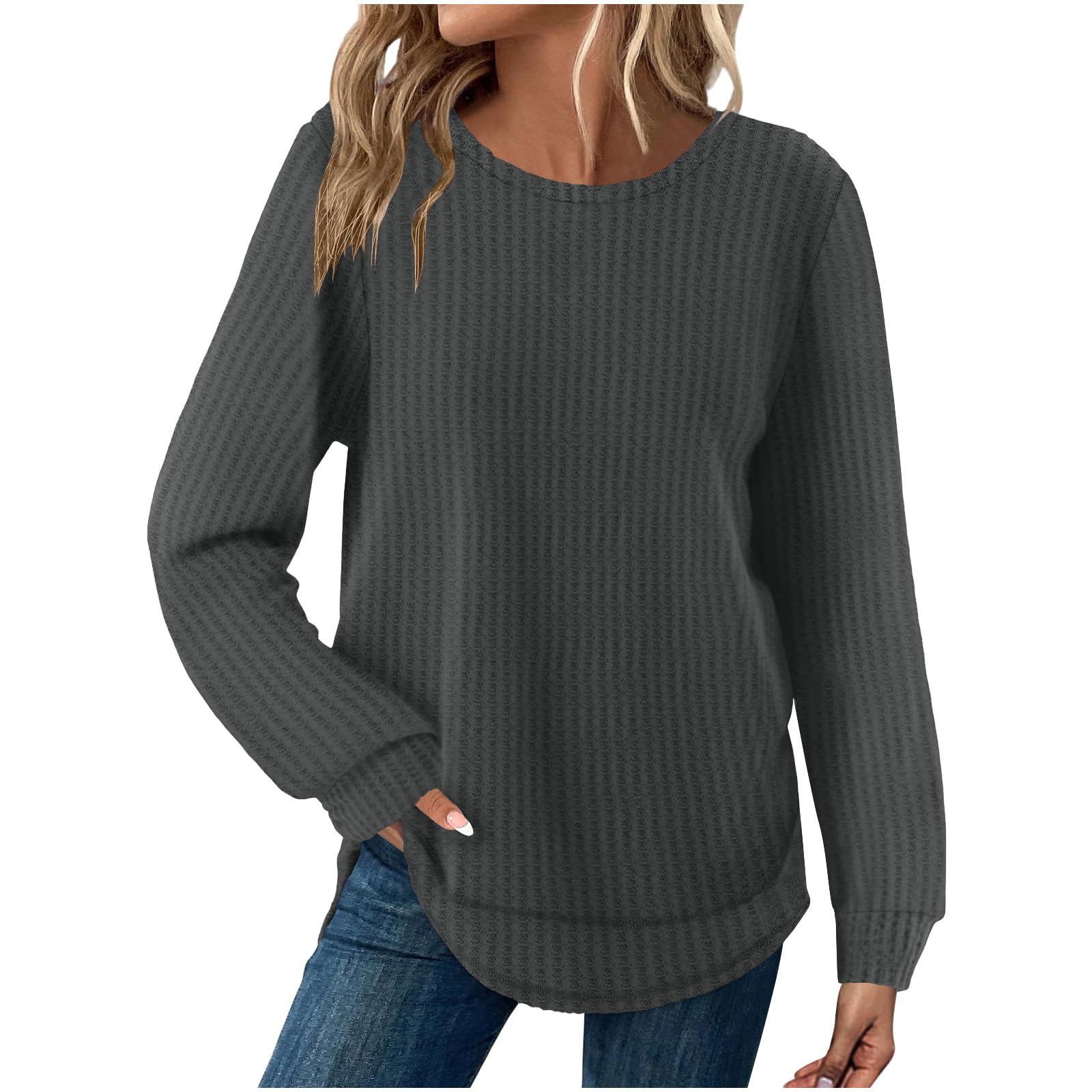 Womens Sweater Fall Waffle Knit Loose Sweaters Long Sleeve Ribbed Knit Crew Neck Tops Lightweight Pullover Cute Outfit