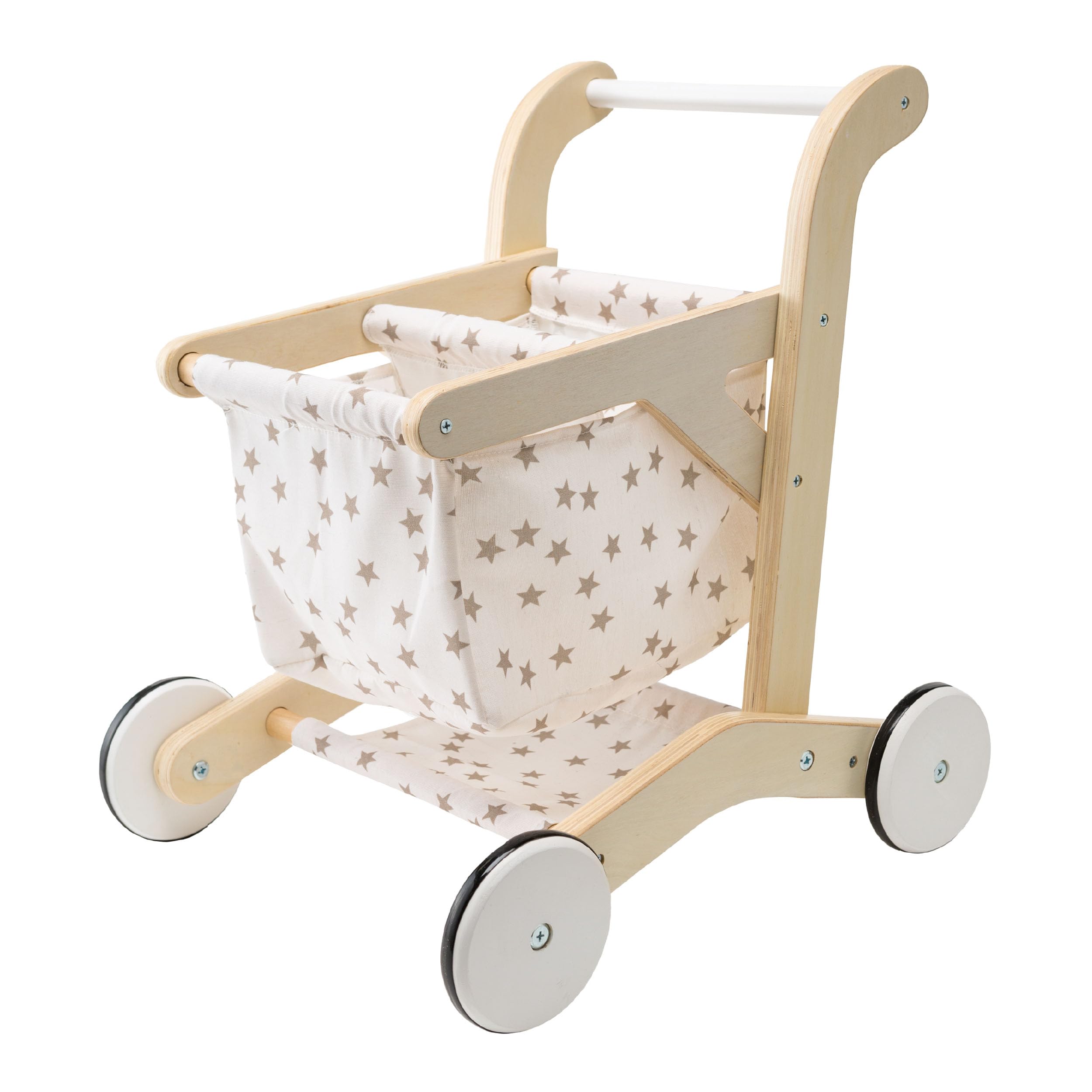 HearthSong Wooden Shopping Cart for Pretend Play with Natural Finish, Real Rolling Wheels, and Removable Cloth Basket Printed with Gold Stars