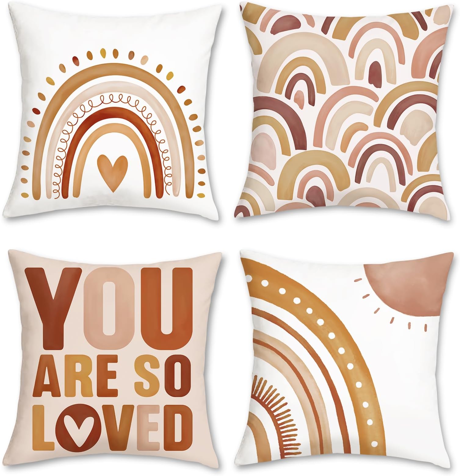 Bonhause Boho Rainbow Throw Pillow Covers 18x18 Set of 4 Inspirational Quote Heart Decorative Pillows Soft Velvet Cushion Covers for Girls Kids Bedroom Nursery Decor