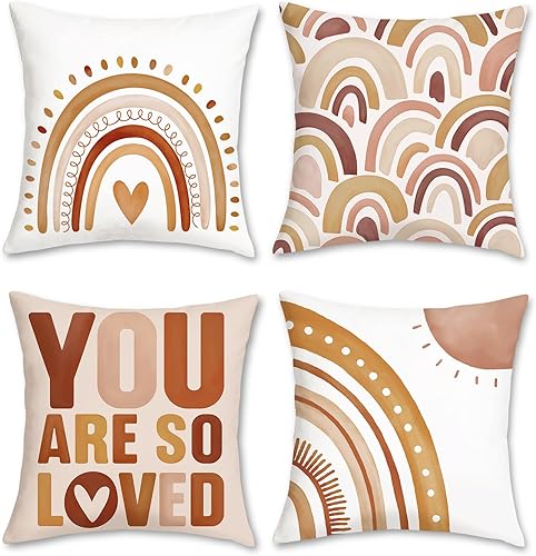 Bonhause Juego de 4 fundas de almohada bohemias con diseño de arco iris de 18 x 18 pulgadas con cita inspiradora diseño de corazón fundas de cojín