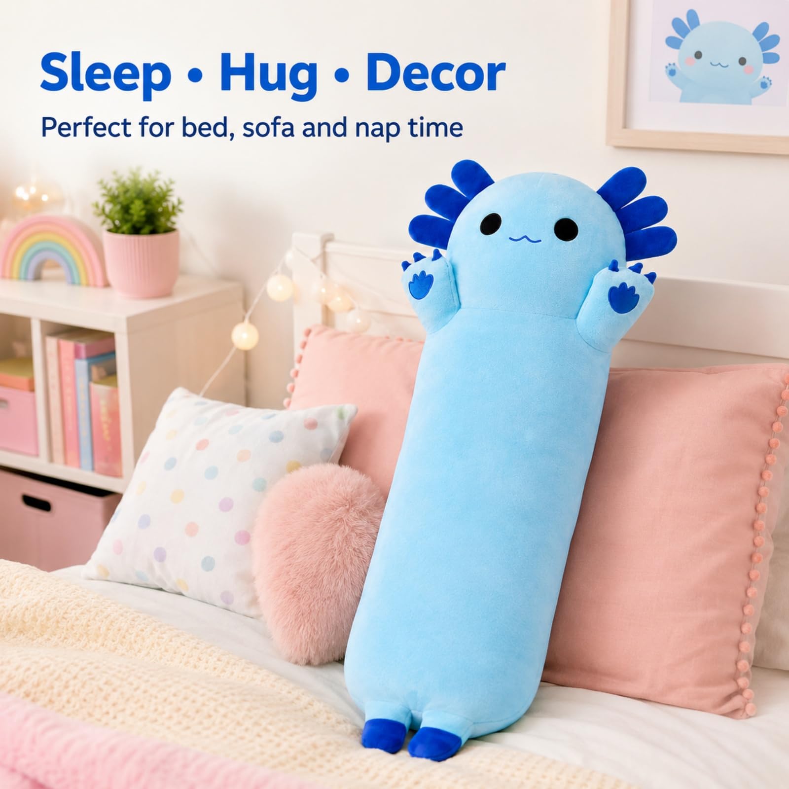 SNOWOLF Cojín Largo de Peluche de Axolotl, Juguete de Peluche Suave Kawaii de Peluche, Adorable cojín de Abrazo para niños (110 cm, Azul)