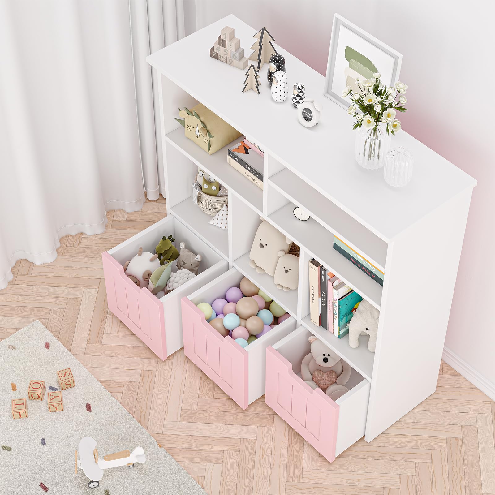 Kinderregal, Spielzeugaufbewahrung Für Kinder, Aufbewahrungsschrank, Spielzeugschrank, Aufbewahrungsbox Mit Rollen, Spielzeugregal, Kinderregal Boxen Auf Möbel, Aufbewahrungregal,100x33x89Cm,Weiß-Rosa