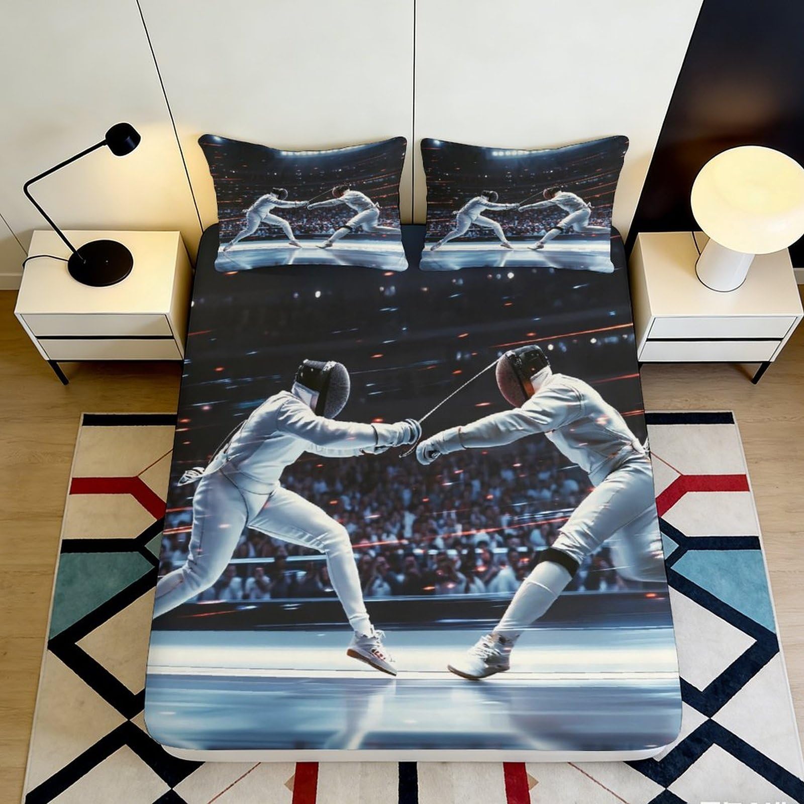 3D Printed Fencing Duel Fitted Sheet Microfiber Soft Anti-Slip Bed Cover for Bedroom Guest Room Dorm Artistic Decor 90x200x25cm