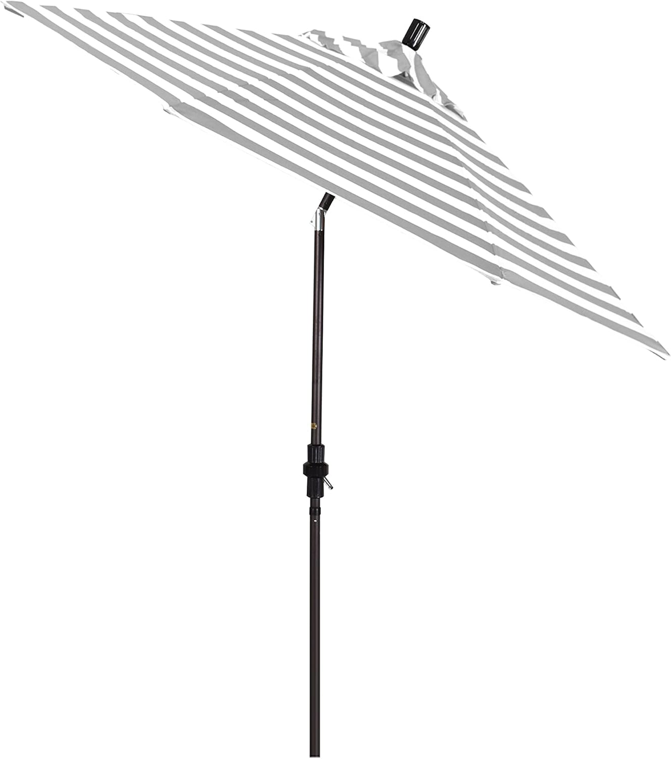 California Umbrella 9' Round Aluminum Pole Fiberglass Rib Patio Umbrella, Crank Lift, Collar Tilt, Bronze Pole, Gray/White Stripe