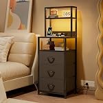 VERMESS Tall Nightstand with 3 Fabric Drawers, Bedside Table with Charging Station & LED Light, Side Table with Open Book Shelf, Small End Table for Bedroom, Chest of Drawers, Black