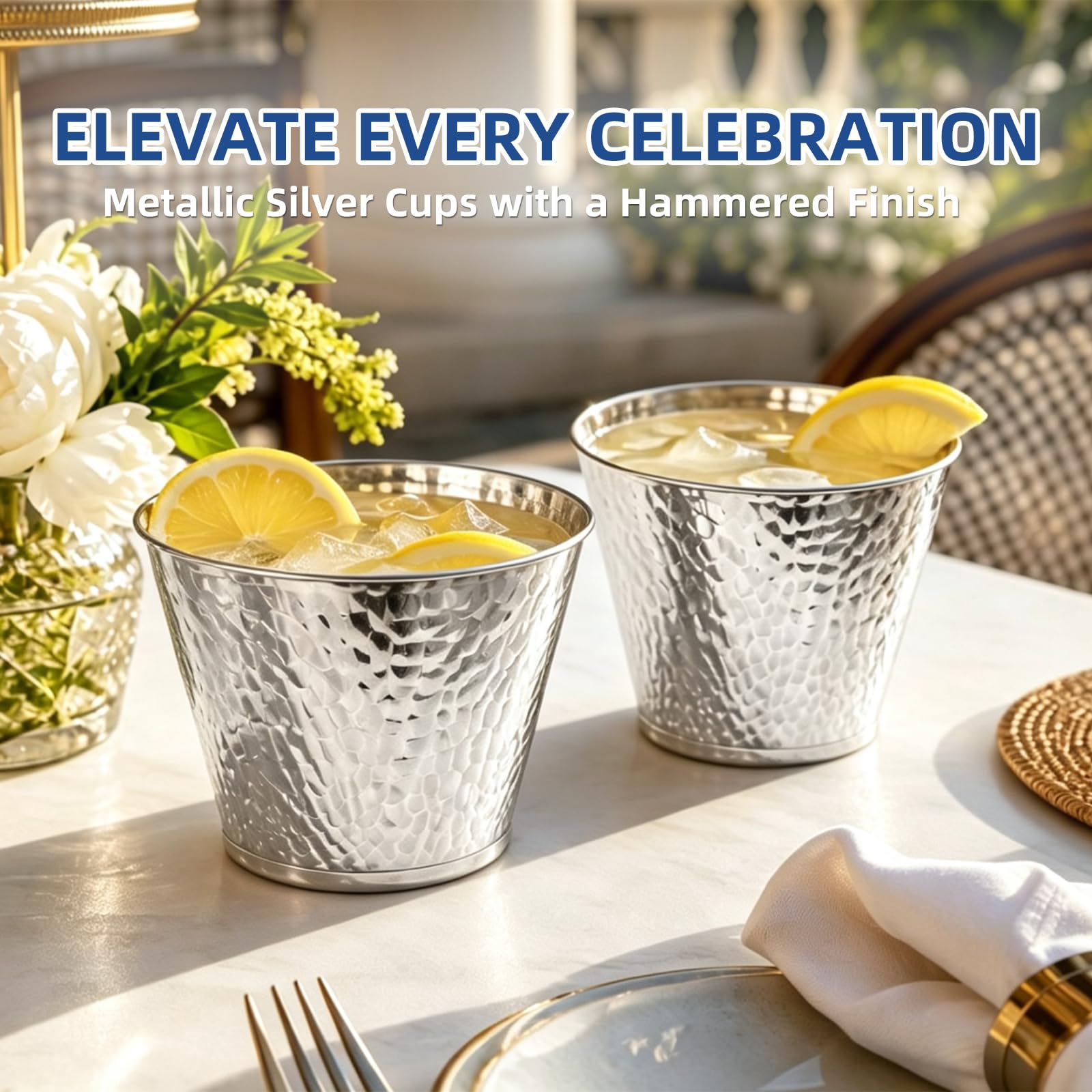 96-Pack Silver Hammered Plastic Party Cups 9oz, BPA-Free Leakproof Disposable Cups, Premium Elegant Drinkware for Weddings Birthdays Holidays Gatherings — Amazon image 2