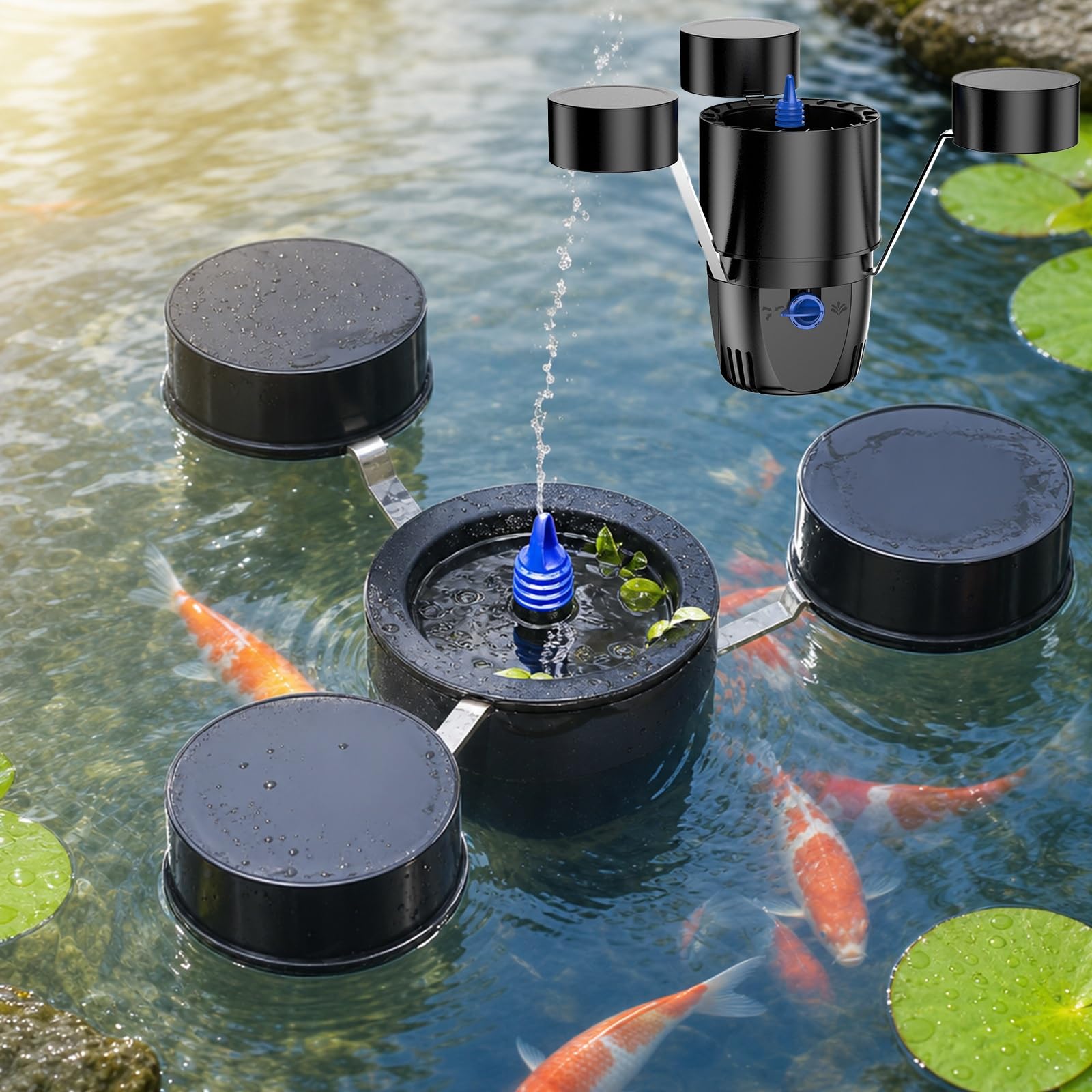 Skimmer Flotante para estanques de Peces de 45 W, clarificador y Fuente | Limpiador flotante para estanques con succión de 2500 L/H, 3 modos de fuente, cesta de filtro de 1,2 L