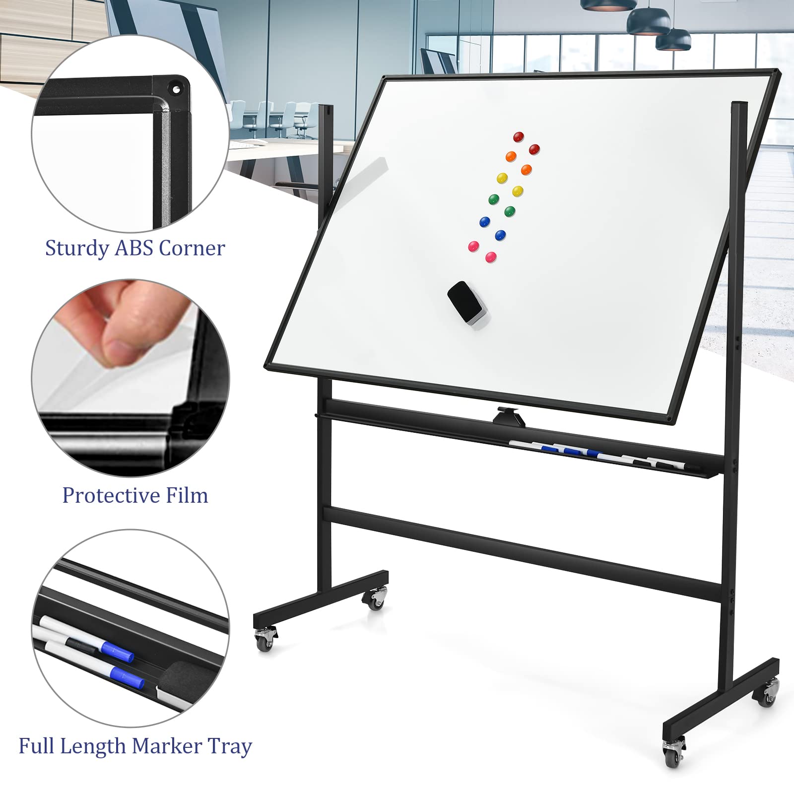 GIANTEX Przenośna tablica suchościeralna ze stojakiem, 120 x 90 cm, dwustronna tablica magnetyczna 160/180 cm, z regulacją wysokości i obracana o 360°, magnetyczna z półką na długopisy, do szkoły