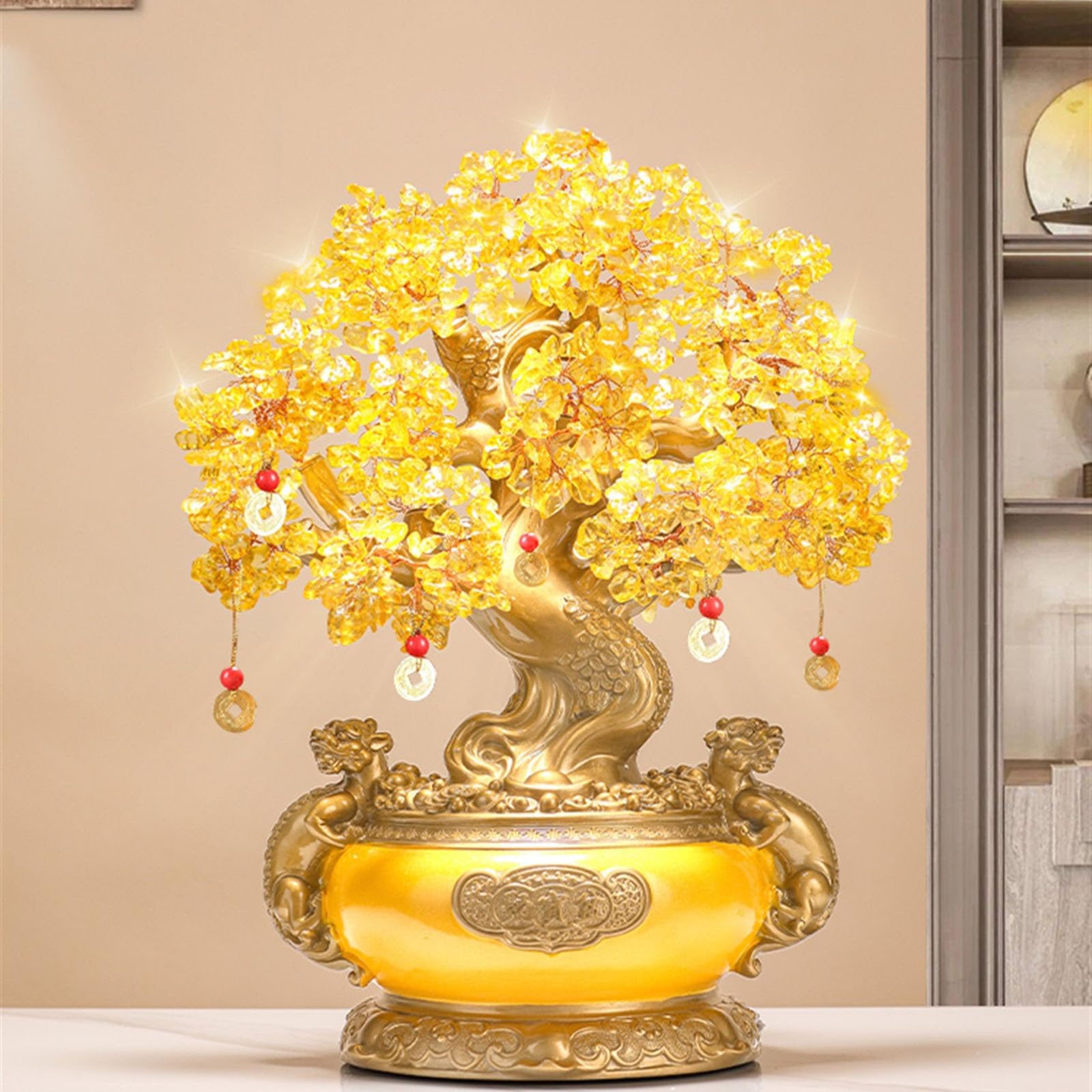 Biurko naturalne drzewo cytrynowe, kryształ, pieniądze, feng shui, bonsai, szczęście, uzdrawianie Reiki, równoważący kamień szlachetny do dekoracji domu i biura, rozmiar S
