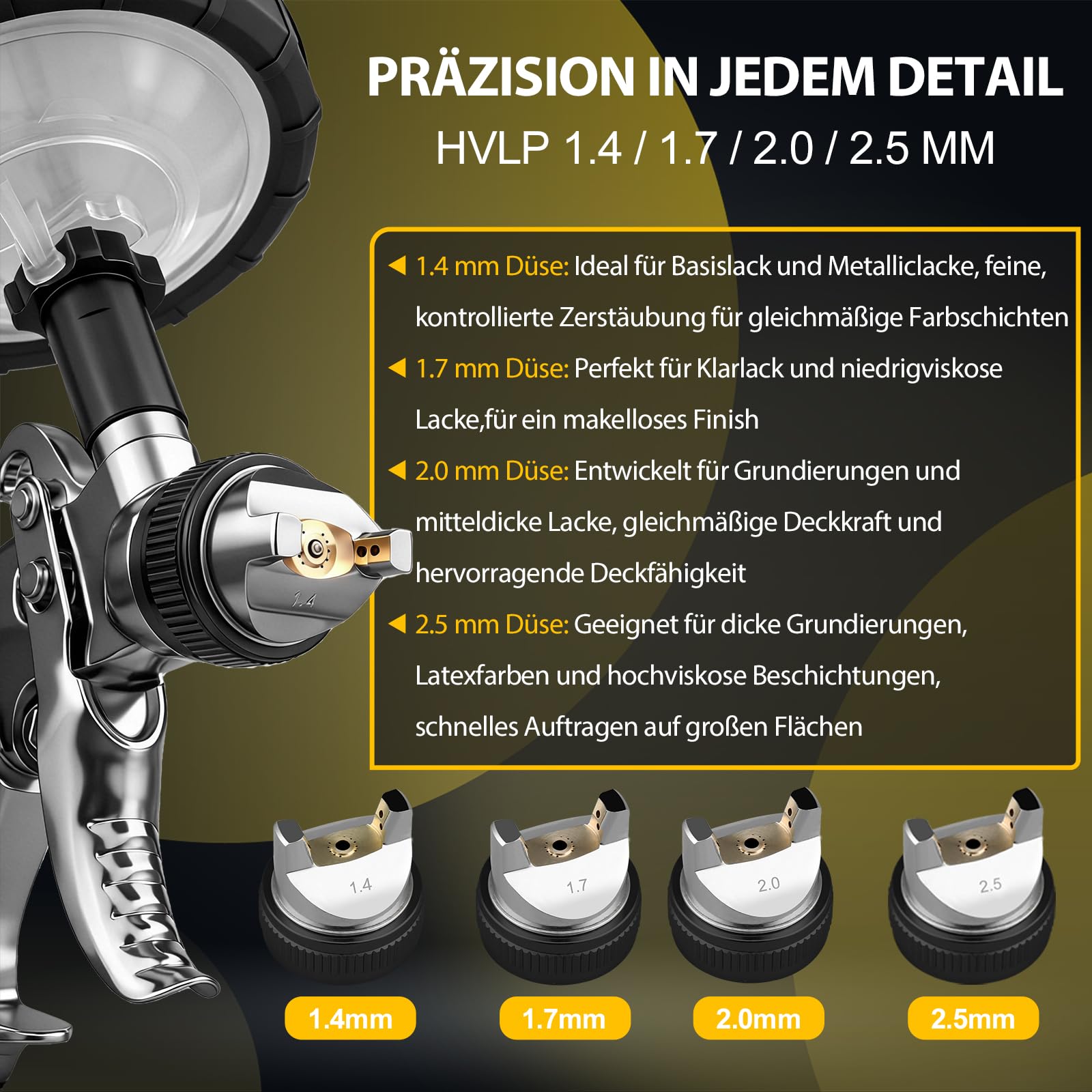 HVLP pistolet natryskowy z 4 dyszami 1,4/1,7/2,0/2,5 mm i 10 x 650 ml, jednorazowy pistolet natryskowy do farby, pistolet do lakierowania, sprężone powietrze, do mebli, ścian, ogrodzenia, drzwi, "zrób