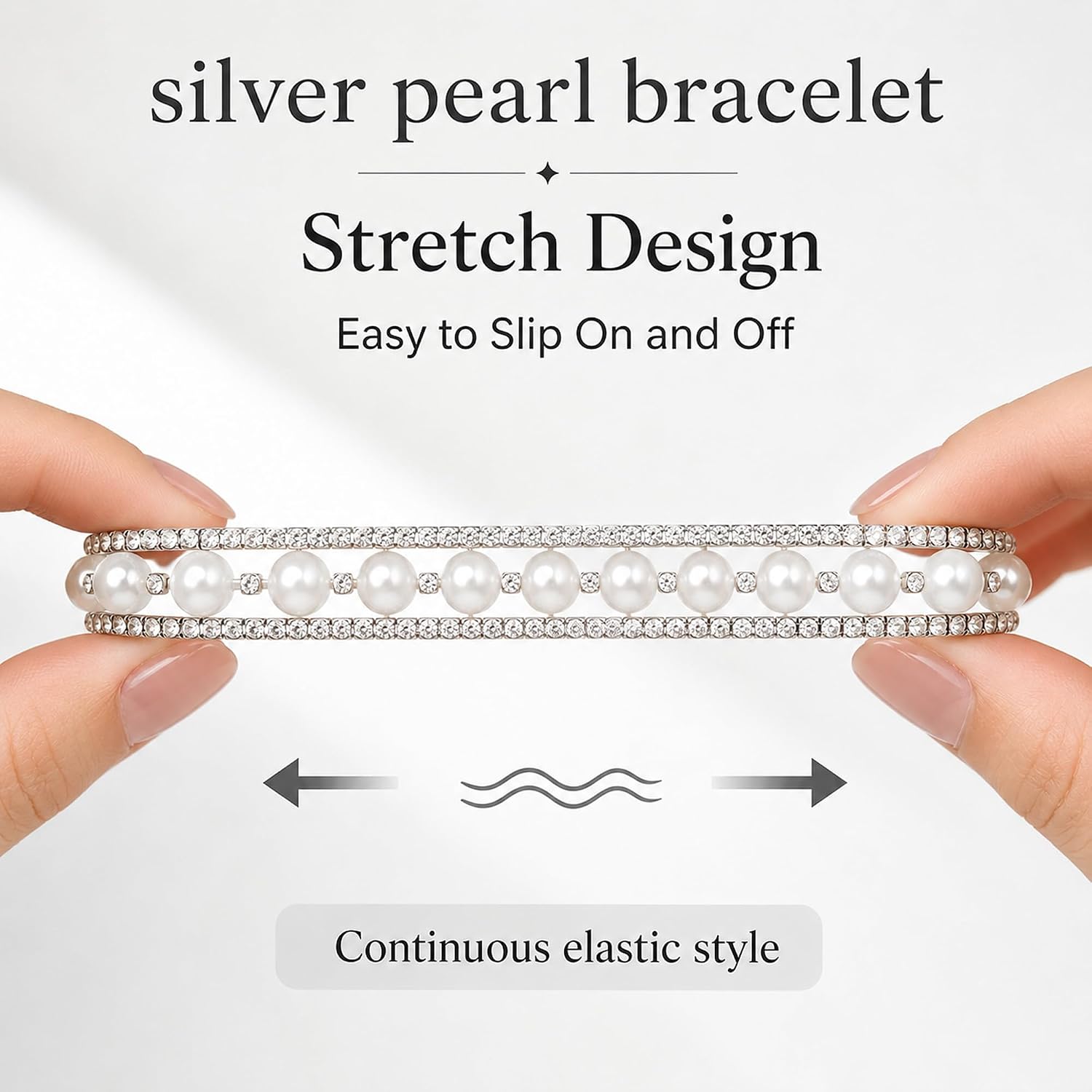 Pearl Stretch Cuff Bracelet for Women Silver Rhinestone Adjustable Imitation Pearl Bracelet Wedding Brides Festival Party Exquisite Jewelry
