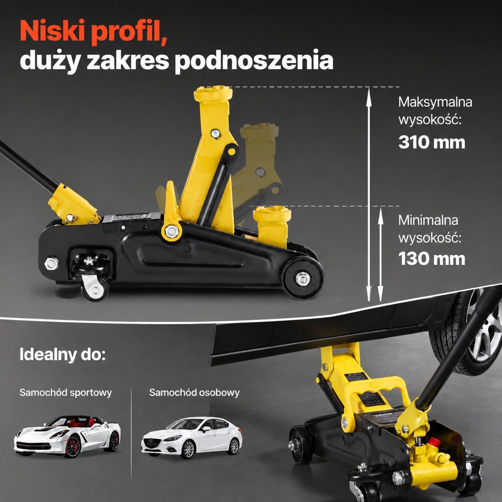 Niskoprofilowy hydrauliczny podnośnik podłogowy ze stali, 1,5 t, pompa z pojedynczym tłokiem, koła 360°, zakres podnoszenia 13-31 cm, do samochodów sportowych i sedanów, żółty czarny