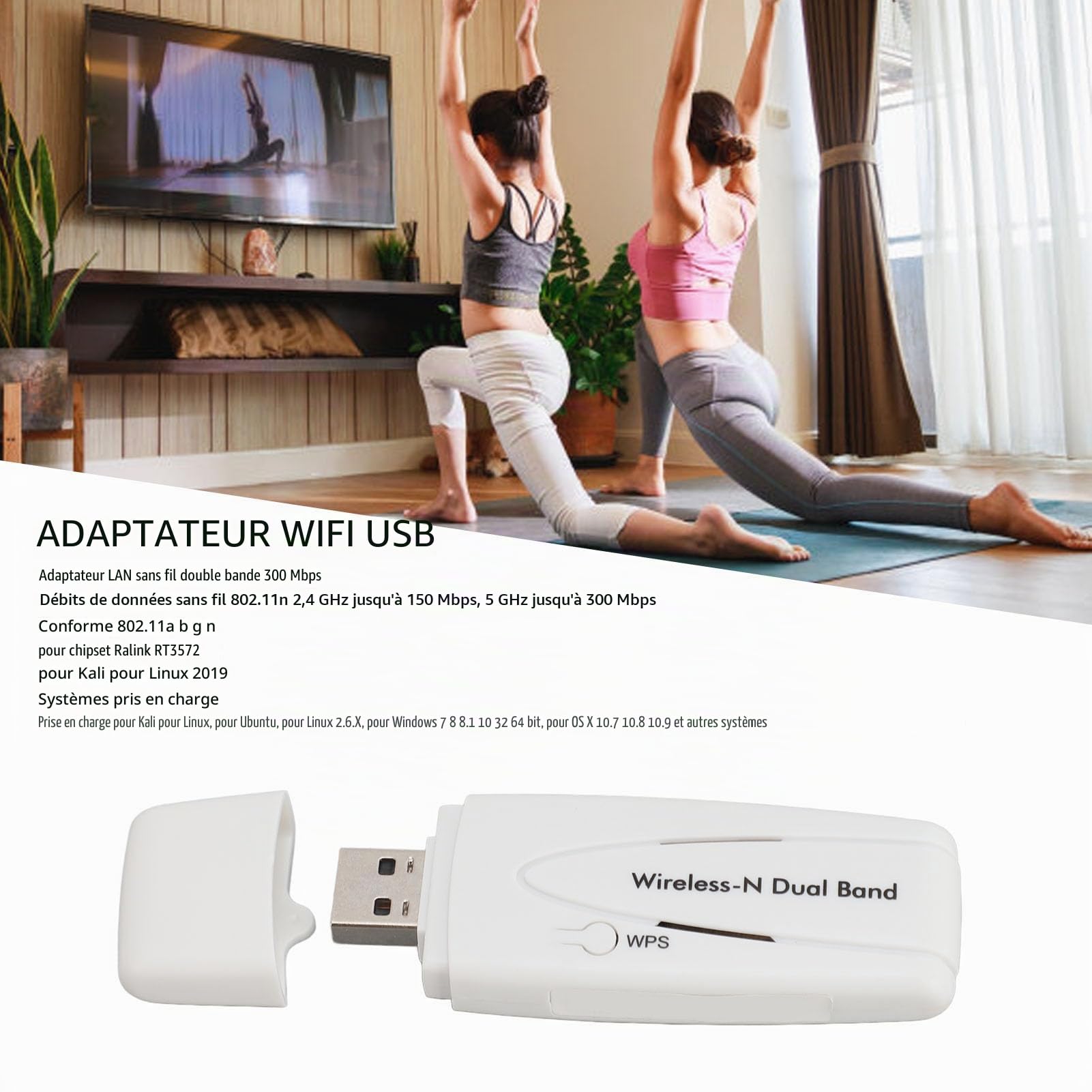 Adaptateur sans Fil Double Bande, Adaptateur LAN sans Fil 300Mbps pour Chipset Ralink RT3572, Adaptateur WiFi USB 2.4G 5.8G Double Fréquence