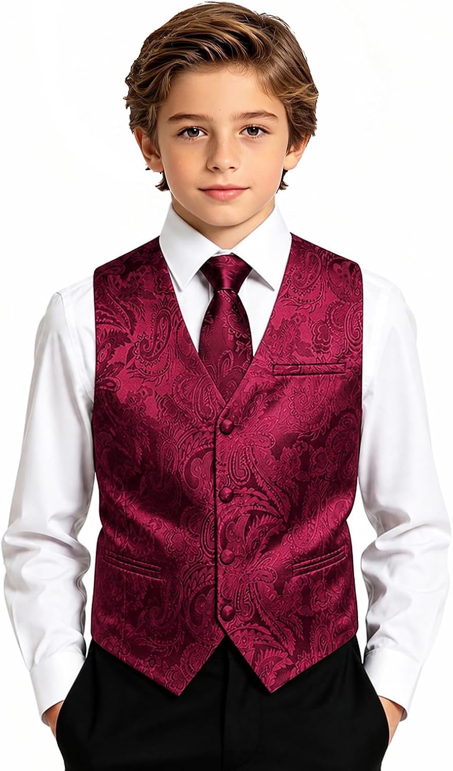 DiBanGu Boys Vest Tie Bowtie Silk Paisley Formal Suit Vest