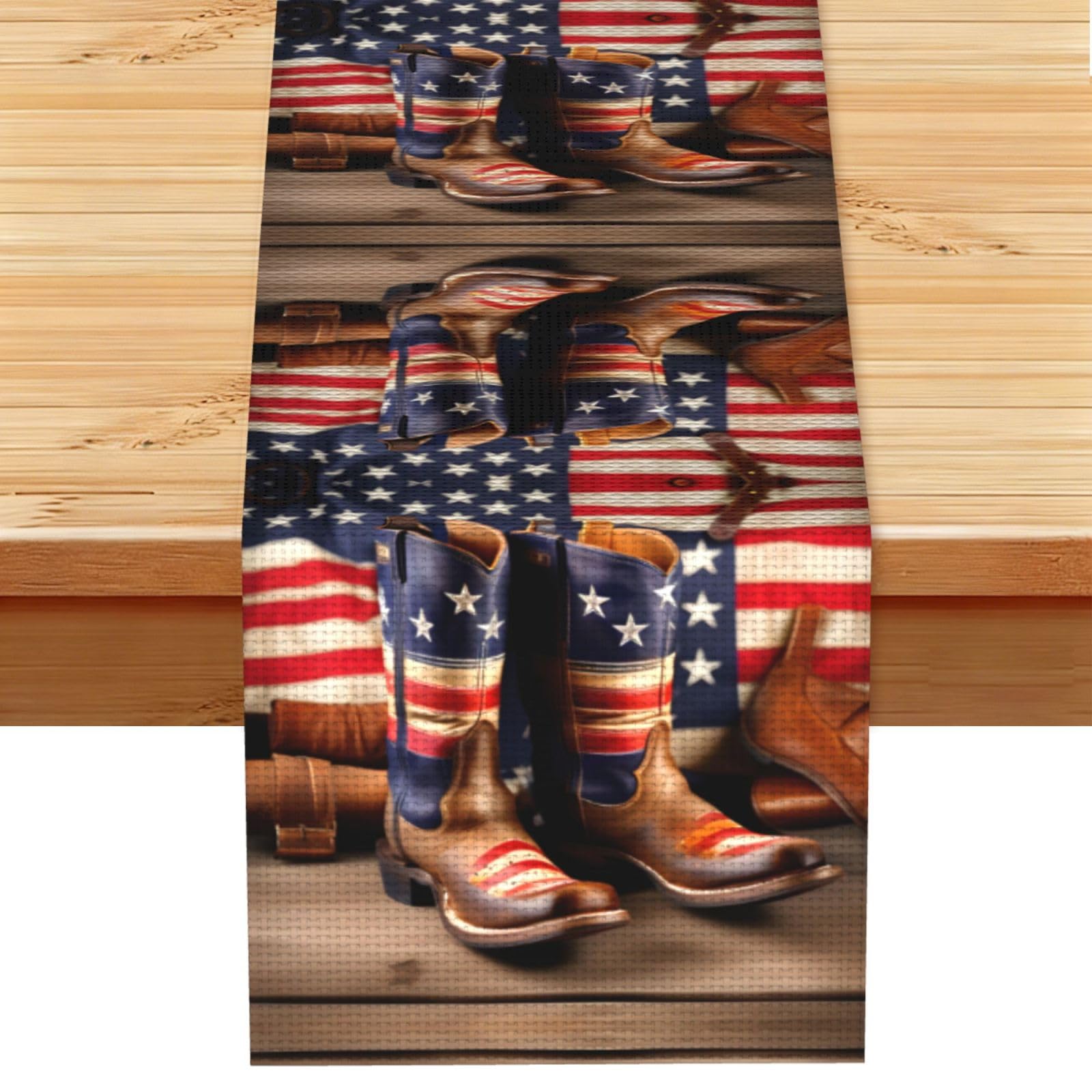 American Flag with Cowboy Boots Printed Dining Table Runner 13x72 Inch, Non-Fading Decor for Kitchen Dresser Fireplace Mantel