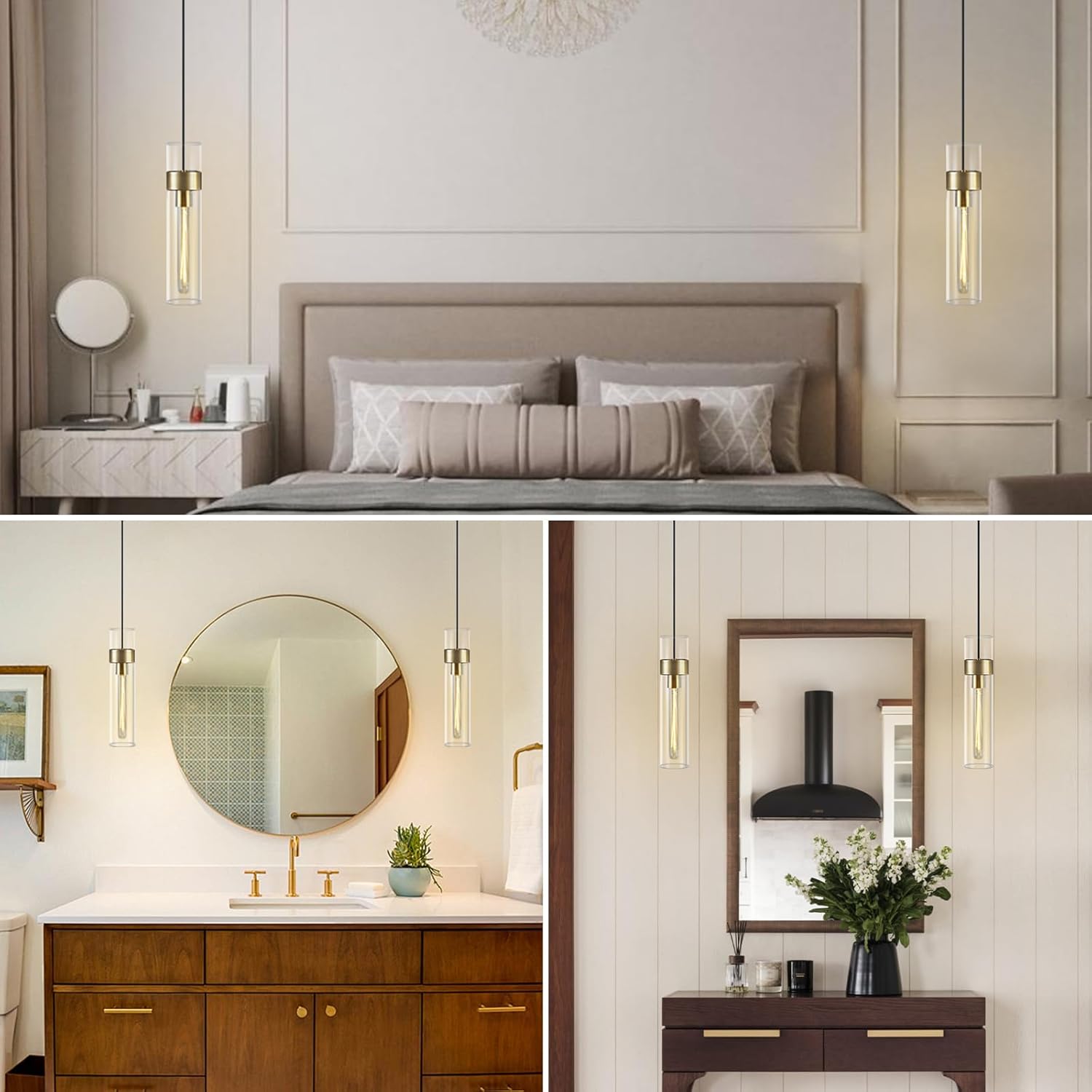 Modern Glass Brass Pendant Lights Kitchen Island, Adjustable Cord Pendant Light Fixtures, Kitchen Pendant Lighting Over Island, Indoor Chandelier for Bedroom Bathroom, Included Bulb