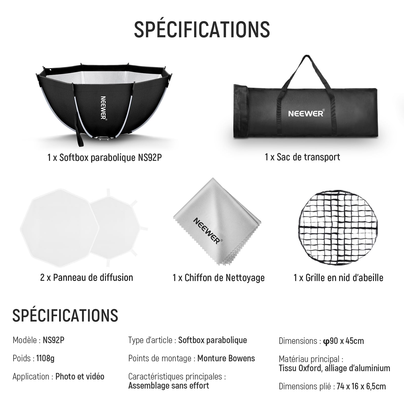 NEEWER 35,4'' Boîte à lumière parabolique octogonale,Monture Bowens,Compatible avec Aputure 120d et Godox SL60w Q4 AS600B CB300B Q300.Accessoires Inclus:diffuseurs,Grille,Sac&Chiffon Nettoyage(NS92P)