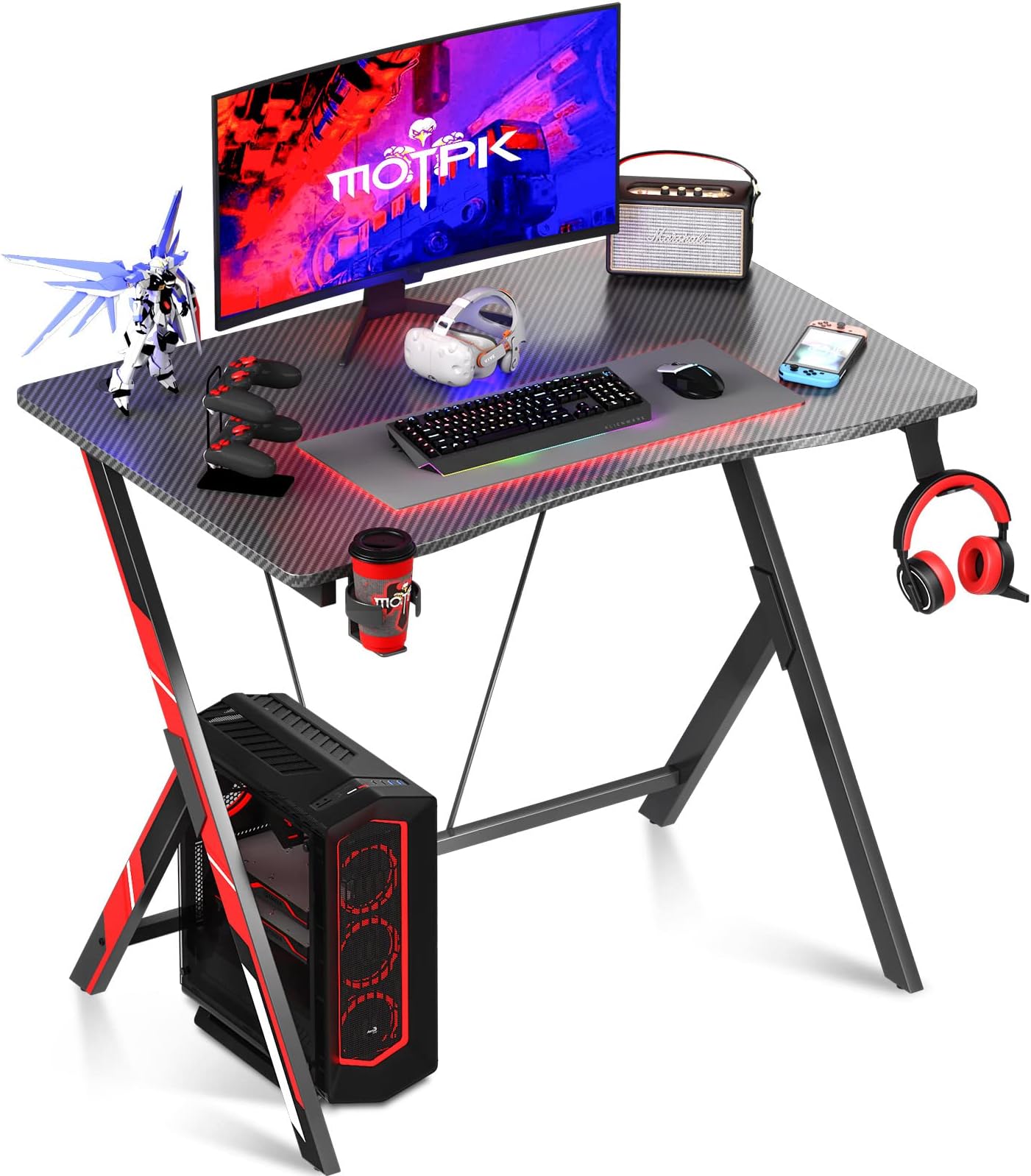 MOTPK Gaming Desk 31 inch, Small Gaming Desk for Kids, Gift Idea, PC Computer Desk, Home Office Desk Workstation with Carbon Fiber Surface, Gaming Table with Headphone Hook and Cup Holder