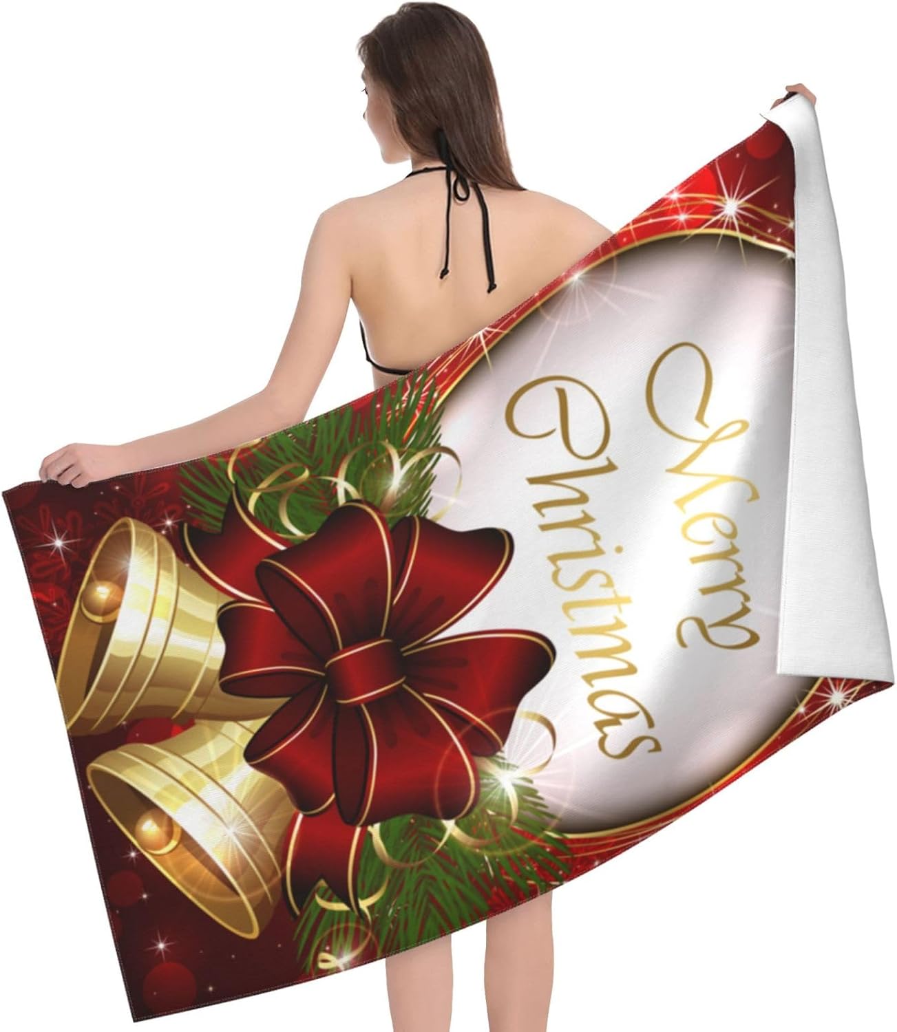 Bath Towel Merry Christmas Bell Snowflake Beach Towels Soft Absorbent Washcloths Quick Dry Luxury Hotel Quality Towelling for Adults Kids Bathroom Spa Gym Swimming 31.5 x 51.2 Inch Oversized