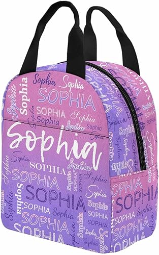 Miniatura 4 de InterestPrint Bolsa de almuerzo personalizada con nombre para niños, bolso de picnic con cremallera con monograma morado degradado, bolsa de picnic