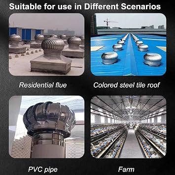 Rotating Chimney Cowl Cap, Roof Chimney Spinner Cowl, Round Stainless Steel Chimney Spinner, Anti-Downdraught Rotating Cap, Top, Hat, Cover for Flue Pipe(12inch/300mm)
