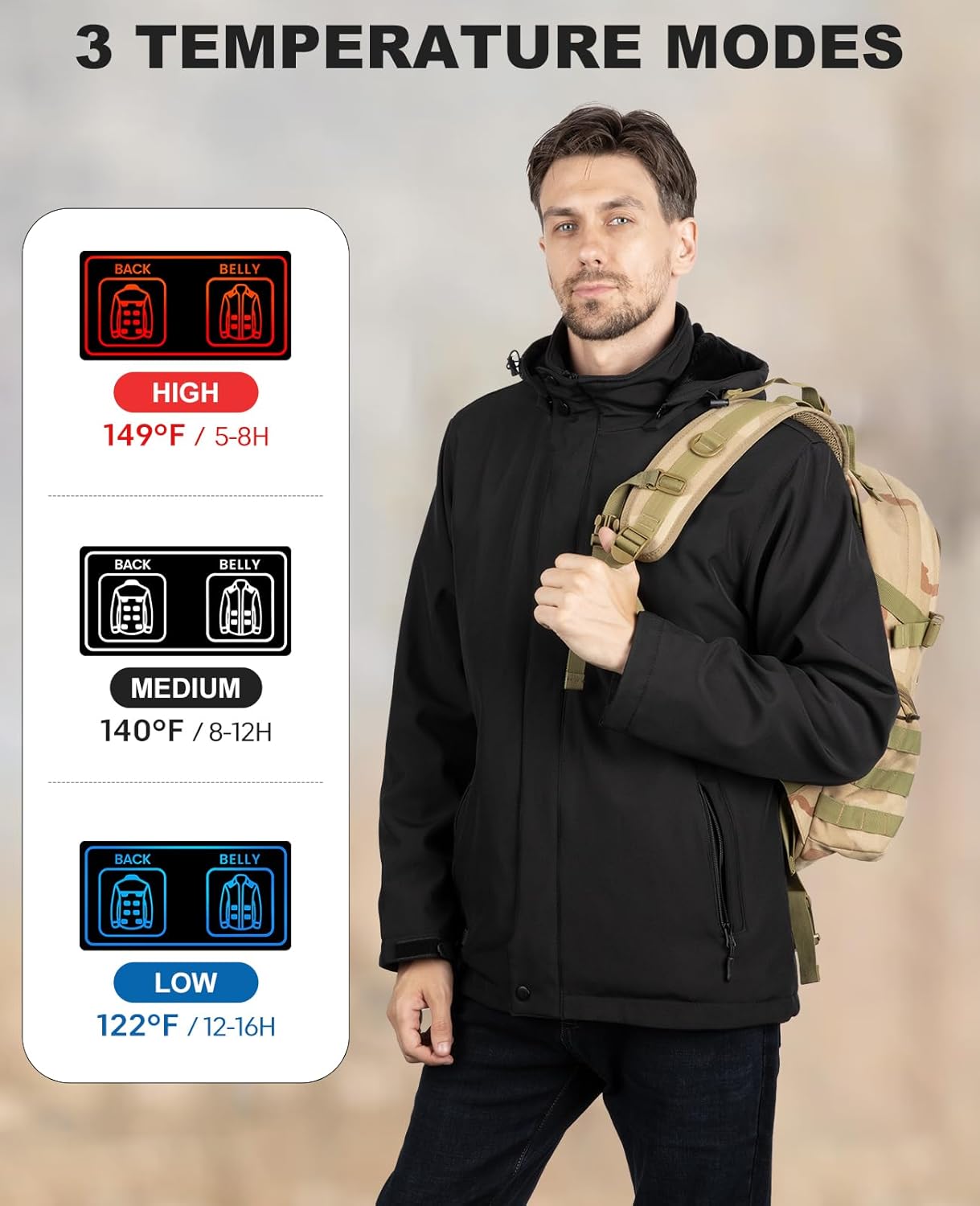 Heated Jacket for Men with 7.4V 16000ɱAh Βattery Pack, Winter Outdoor Soft Shell Electric Heating Coat with Detachable Hood - Image 4