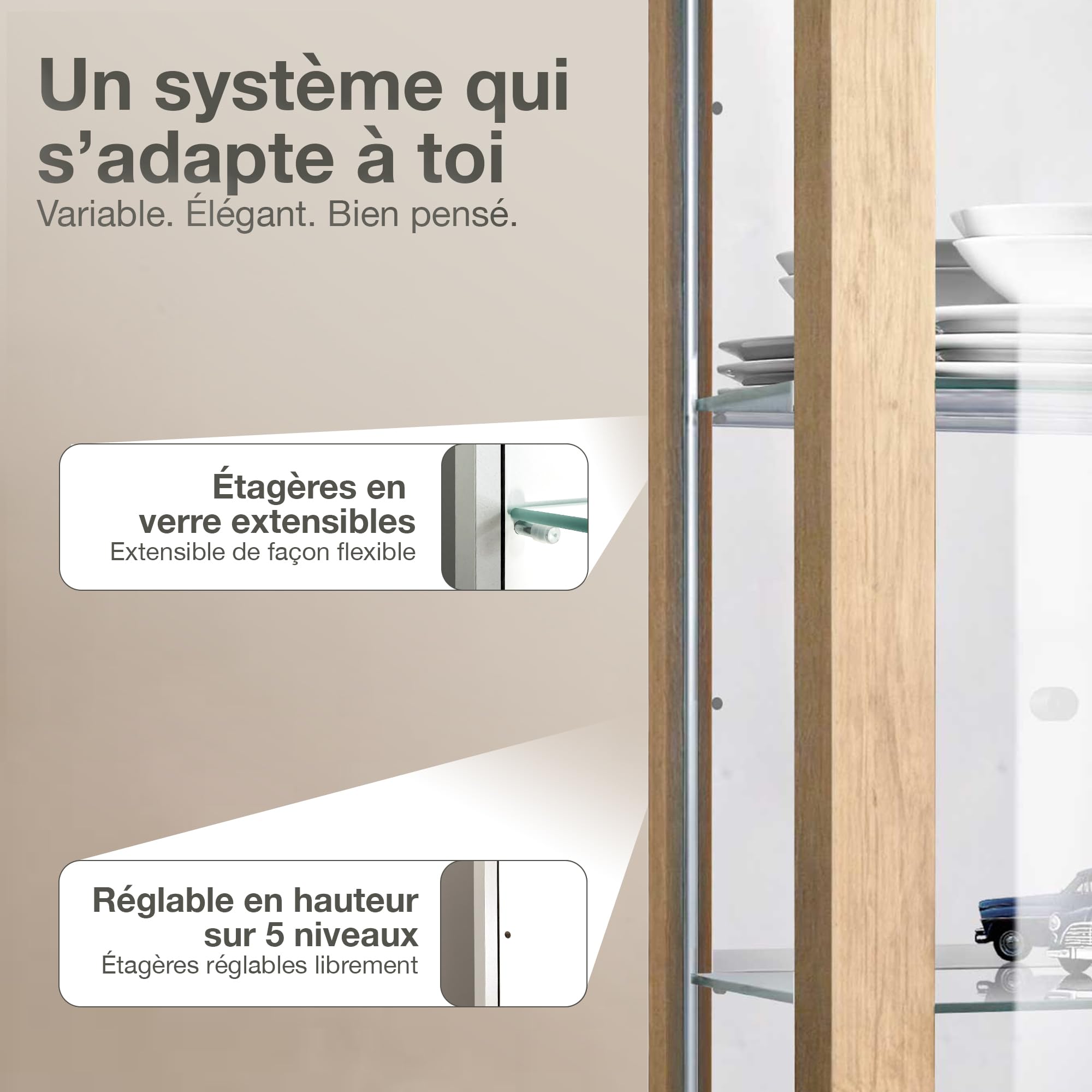 Vitrine Murale pour Collection (80x60x25cm) - Fabriqué en Allemagne - Petite Etagere Vitrine en Verre Suspendue avec 2 étagères réglables en Verre trempé (ESG), Miroir & LED in Hêtre