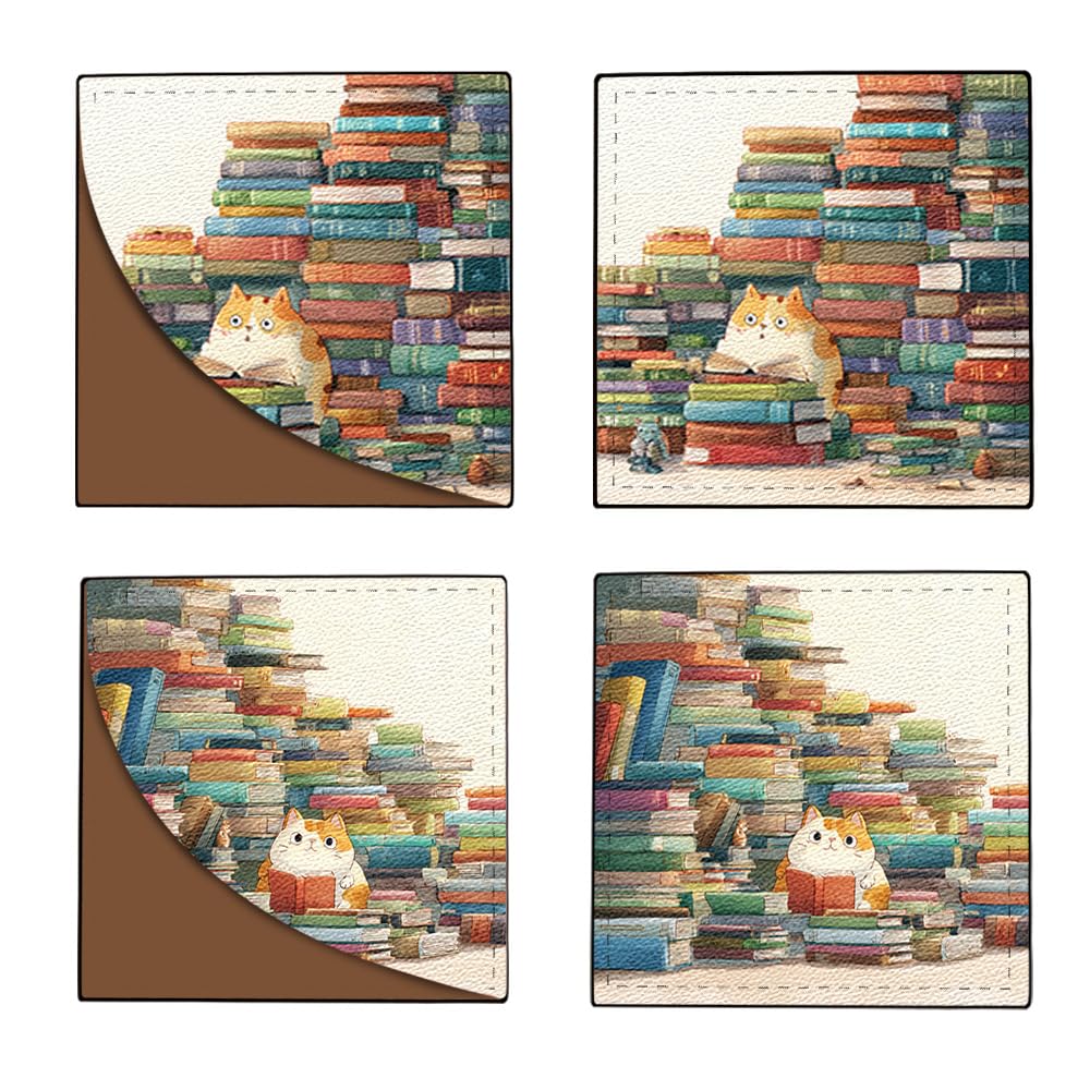 Set of 2 Cute Cat Reading Bookmarks 3.54x3.54in Leather Square Book Markers Colorful Bookshelf Kitten Gift for Women Book Lovers Spring