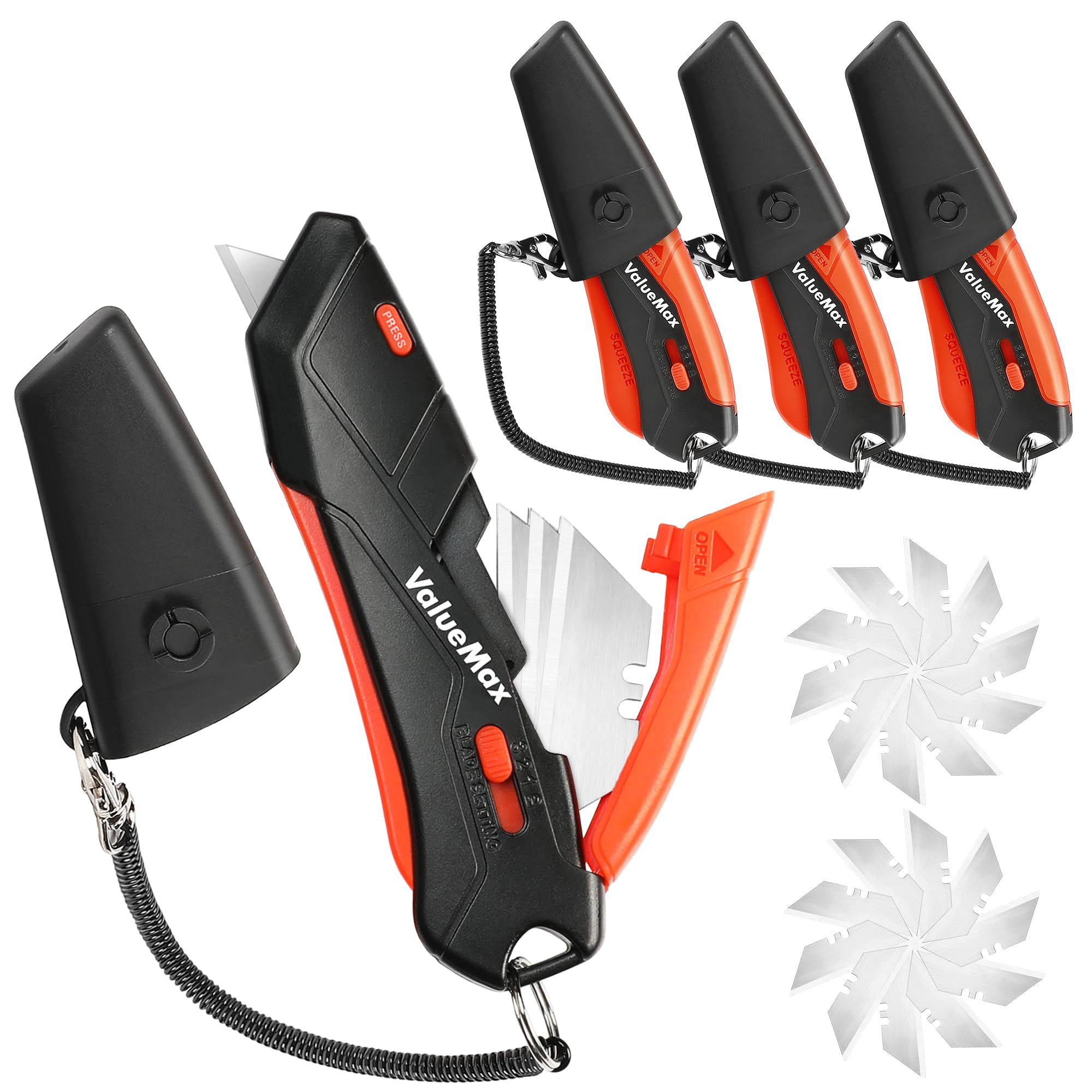 ValueMax 4-Pack Box Cutter Knife, Cardboard Cutter with Self-Retracting 3-Position Locking Blade, Safety Sheath, Lanyard, 36 Blades Included, Blade Storage Design, for Cartons, Cardboard and Boxes
