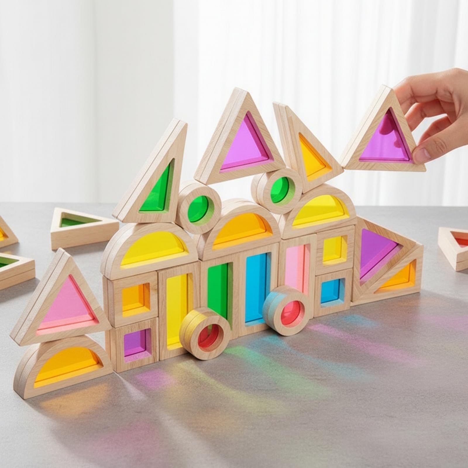 24 Pezzi Blocchi con Cornice in Legno e Superfici Traslucide Educativo Blocchi di Legno e Acrilico Sensoriale per Ambiente di Apprendimento Precoce, 24PC Legno