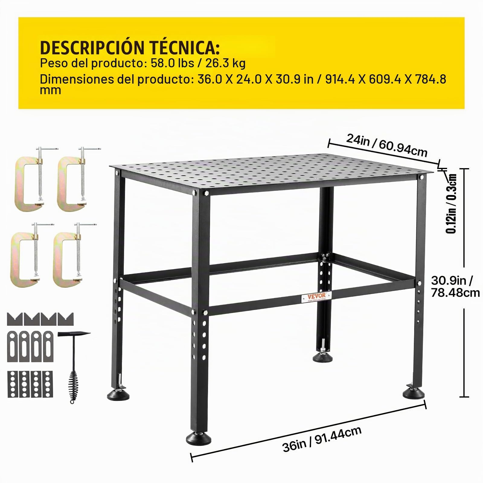 VEVOR Mesa de Soldadura, Capacidad de 362,8 kg, con Orificios de Fijación y Almohadillas Antideslizantes para los Pies para Trabajos de Reparación de Ensamblajes de Soldadura, 914,4 x 609,4 x 784,8 mm