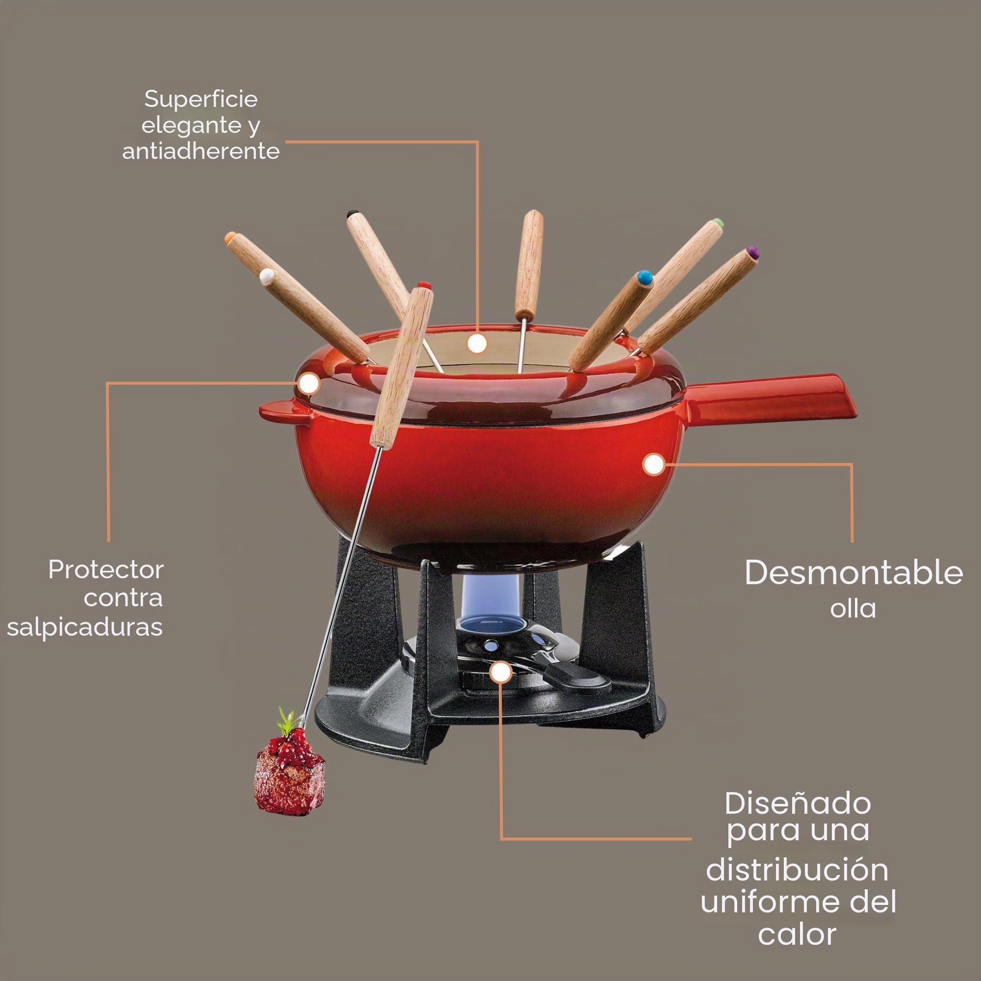 Spring Juego de fondue de hierro fundido rojo, 20 cm de diámetro, con 8 tenedores de fondue y protección contra salpicaduras, para fondue de queso, fondue de carne, quemador de refugio