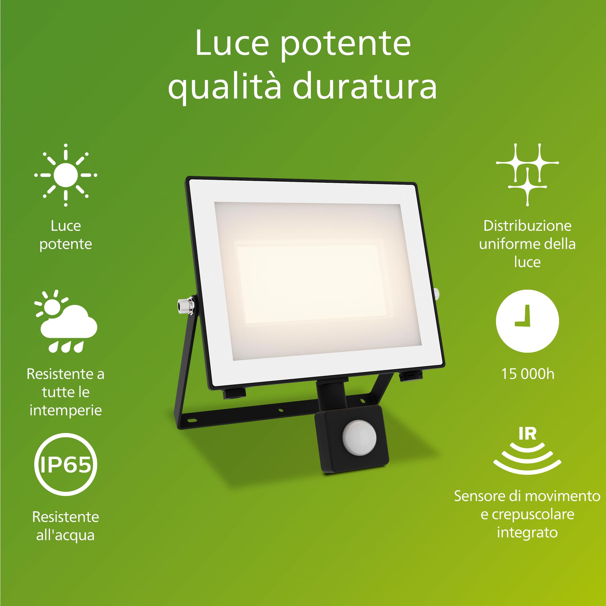 PHILIPS Lois Proiettore da esterno con Sensore, 50 W, 3000 K, Nero