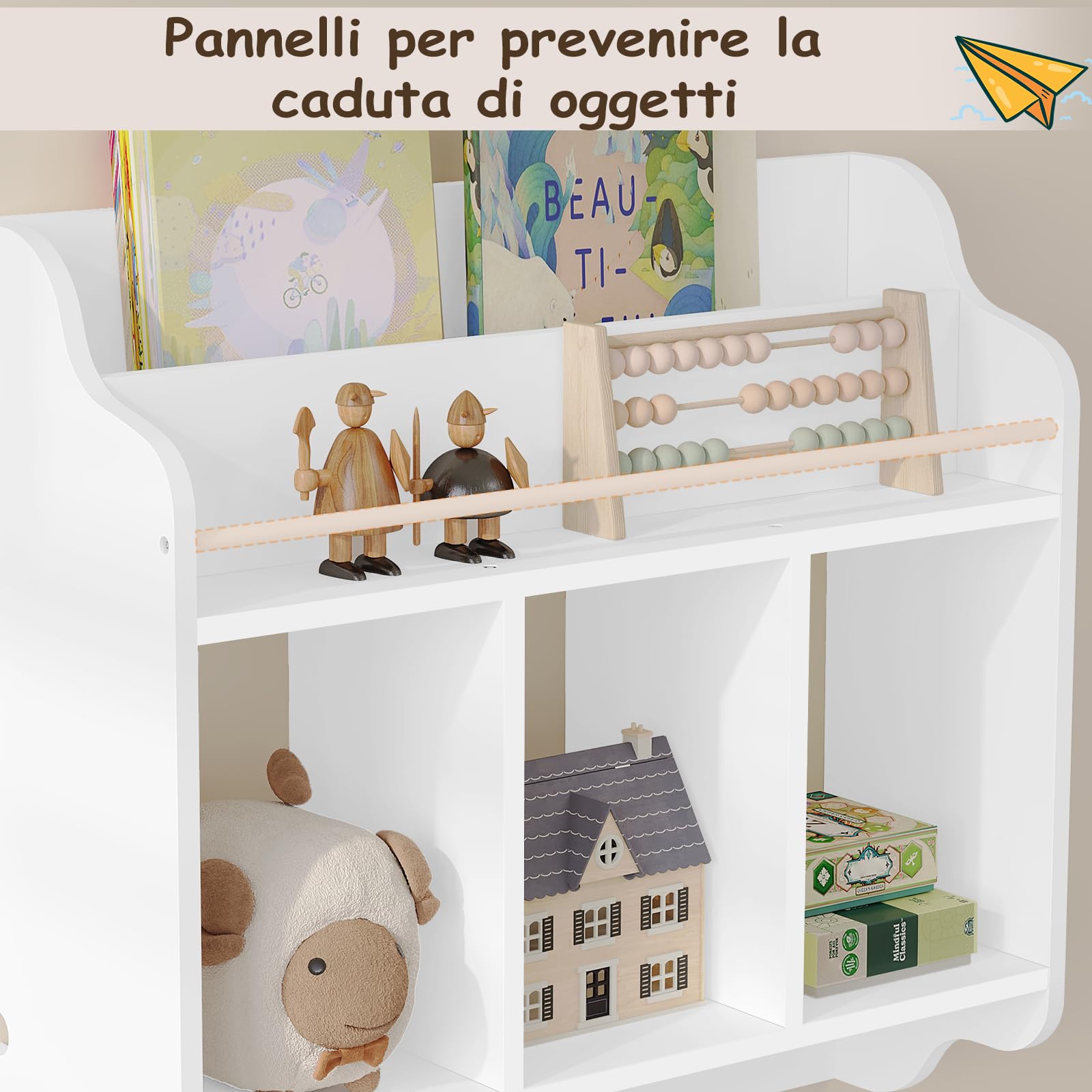 WOLTU Scaffale per Bambini, Scaffale a Muro per Libri, Scaffale a Muro per Libri, Unità di Archiviazione con 3 Cubi Aperti, 4 Pomelli per Appendere, Mobili per Asilo Nido, Bianco