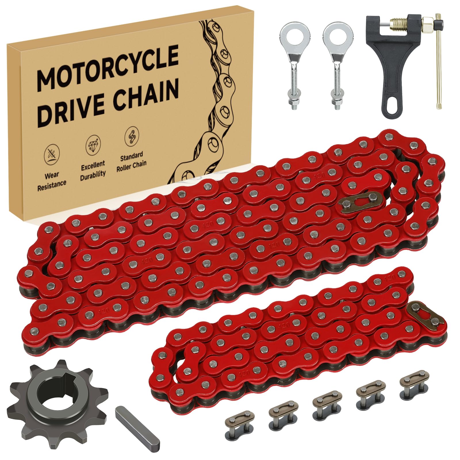 420 Chain 42 and 90 Links Kits Replacement for Coleman Mini Bike BT200X CT200U CT200U-EX Baja Warrior Massimo MB200 MB165 196cc Predator 212cc 200cc 6.5hp Parts Red with Mini Bike Sprocket 10T