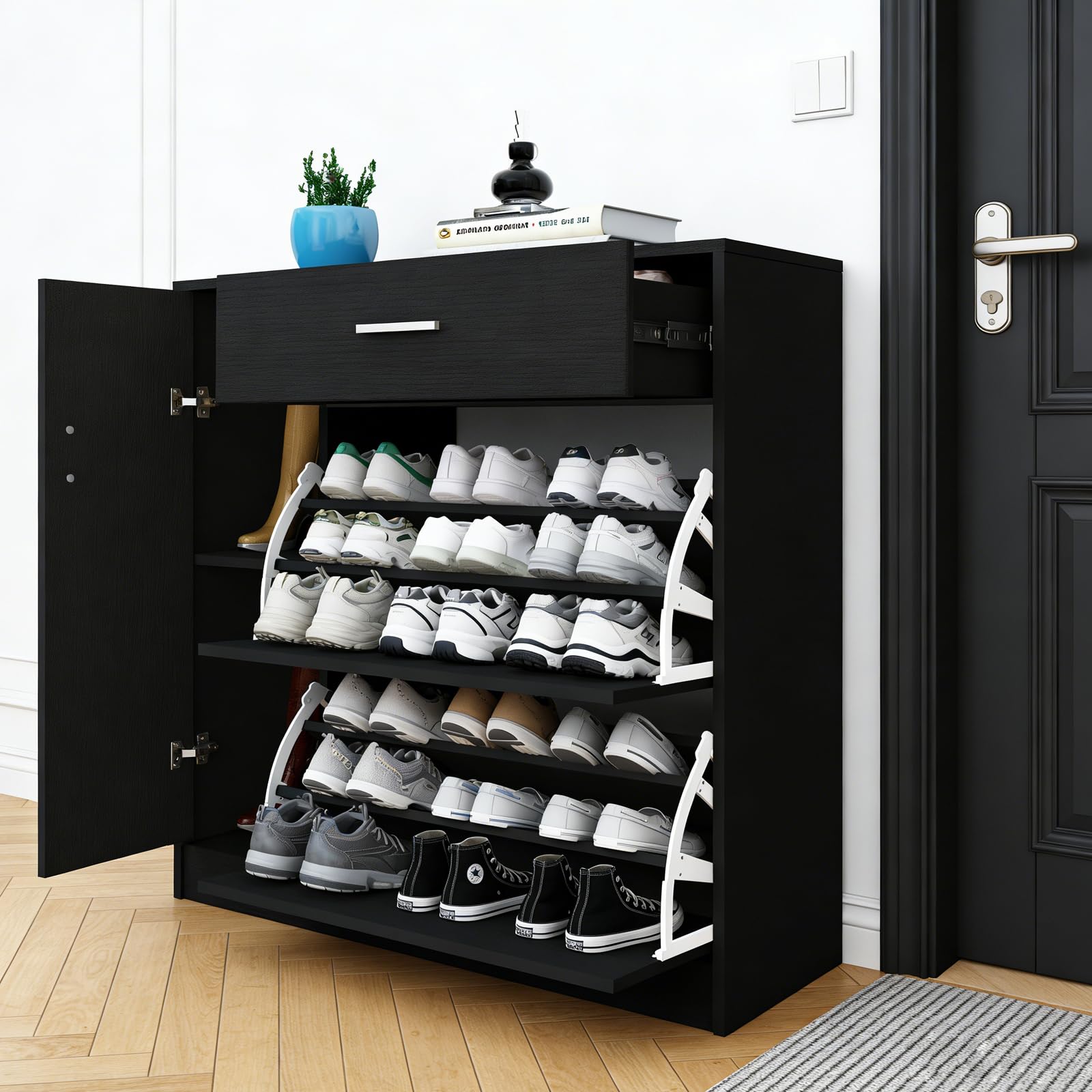 Shoe Storage Cabinets with Drawer & Doors,Black Shoe Racks Storage